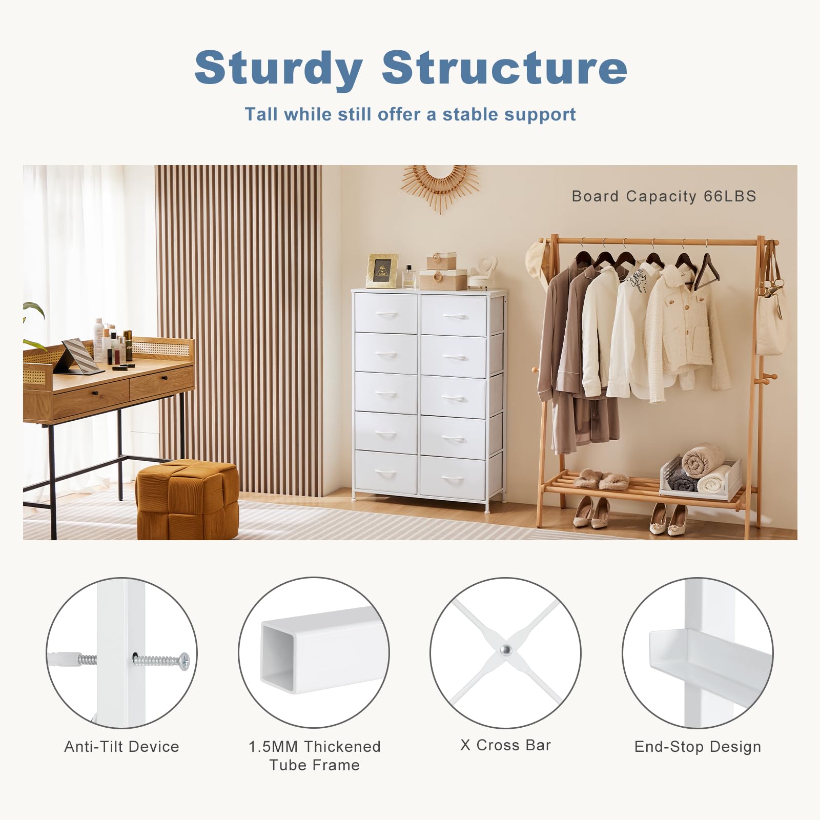 DUMOS 10-Drawer Dresser for Bedroom Storage - Wide Fabric Closet Organizer with Wooden Top & Metal Frame - Perfect for Clothes, Guest Room, Living Room, Hallway & Entryway Organization