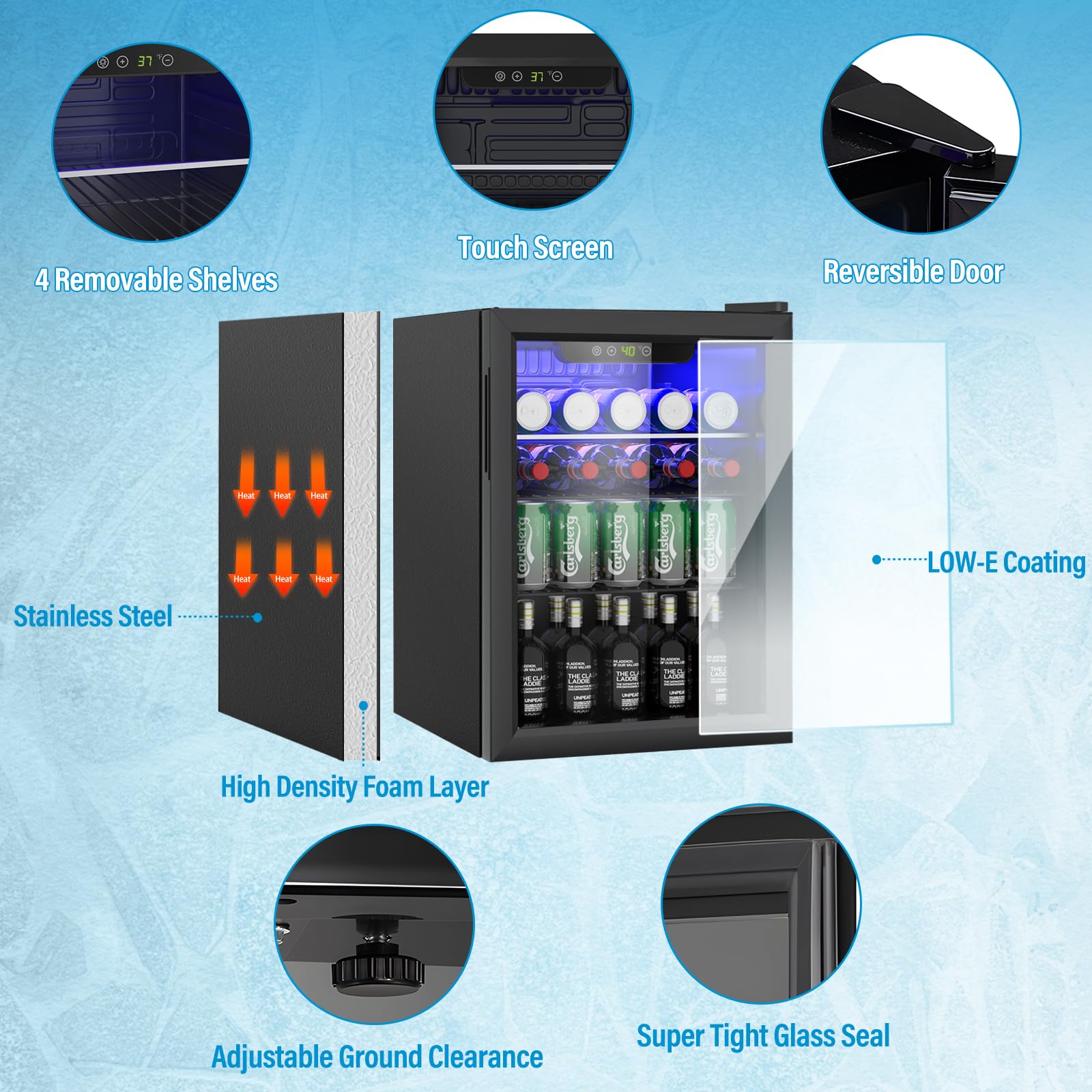 2.6 Cubic Feet Mini Fridge - 95 Can Capacity Freestanding Beverage Cooler with Glass Door for Soda, Beer, Wine | Under Counter Drink Dispenser with Adjustable Shelves & Digital Display | Perfect for Home, Office, Dorm, Bar, and Kitchen Use