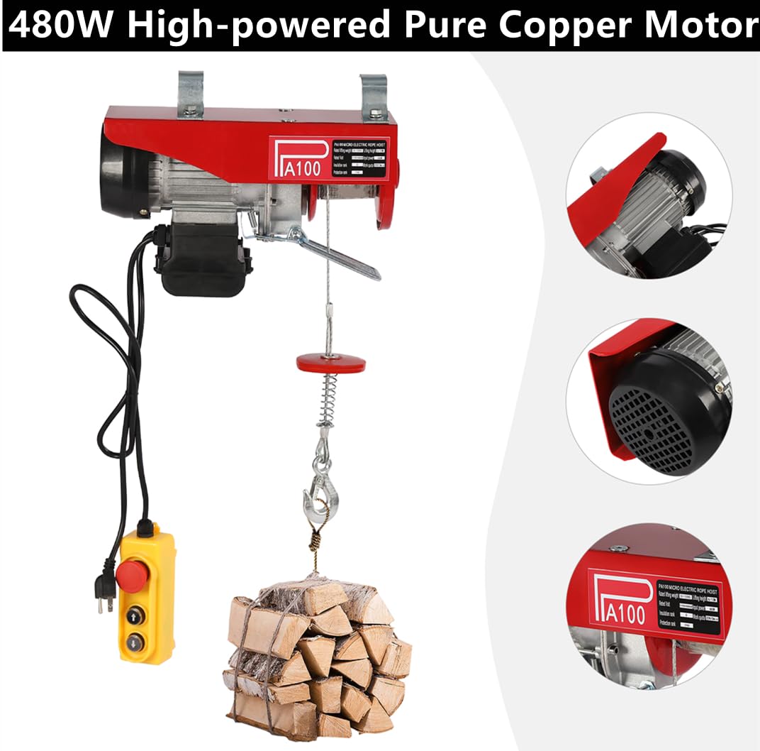 110V Electric Hoist Winch - 220lbs Lifting Capacity, 480W Power with Remote Control - Single/Double Hook for Factory, Warehouse, Mining - Perfect for Heavy Equipment Lifting, Construction Work & Industrial Applications
