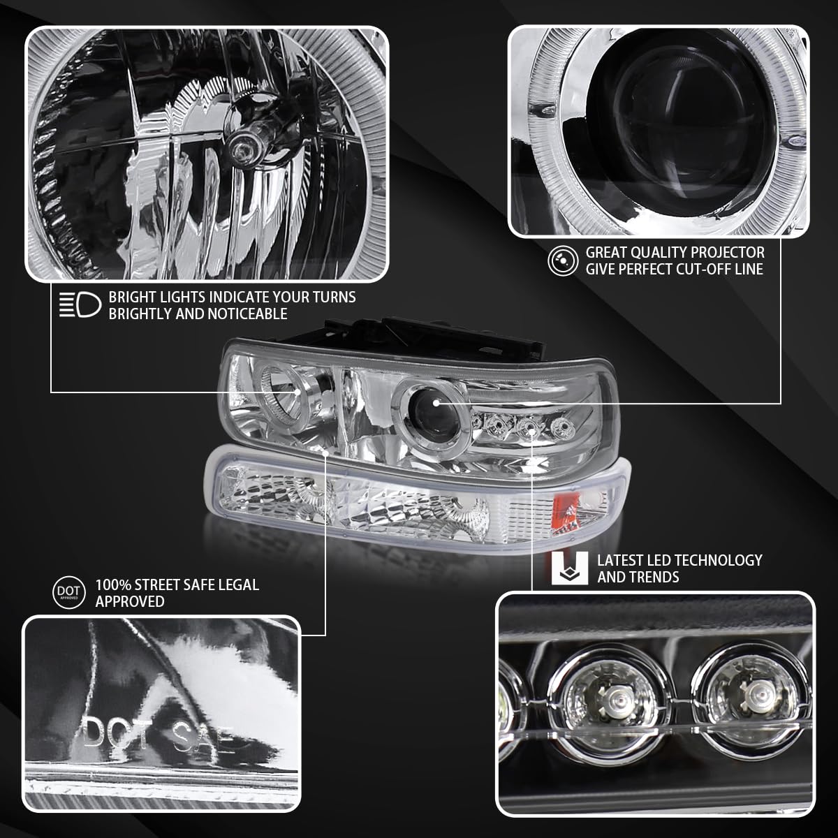 AUTOZENSATION LED Halo Chrome Projector Headlights & Bumper Lights - Compatible with 1999-2002 Chevy Silverado 1500/2500/3500 & 2000-2006 Tahoe - Left+Right Pair Headlamp Assembly - Upgrade for Night Driving & Off-Road Adventures