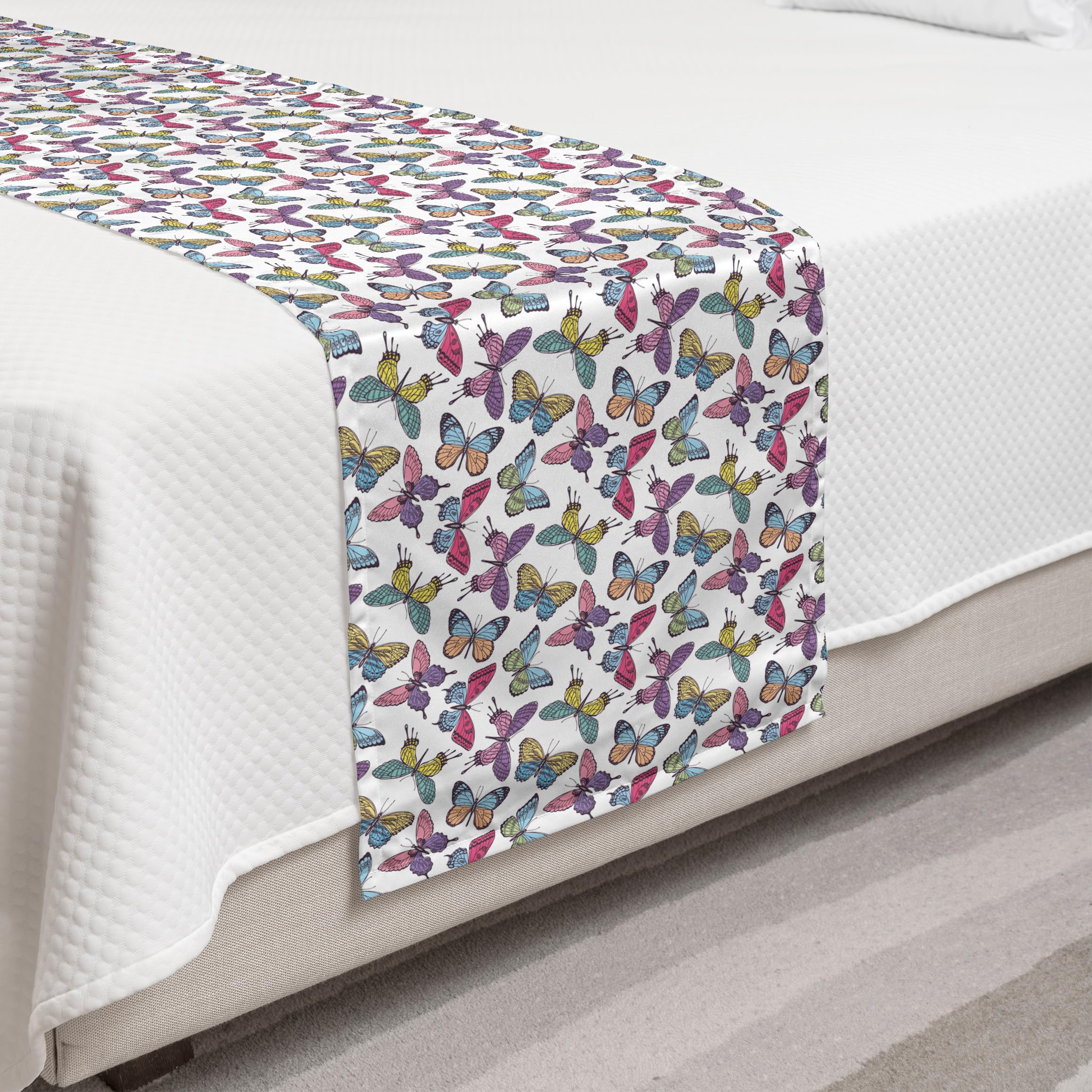 Ambesonne Butterfly Bed Runner - Multicolored Hand-Drawn Spring Floral Design, Decorative Bed Scarf for Twin Beds in Almond Pink & Violet | Perfect for Hotels, Homes & Guest Room Decor