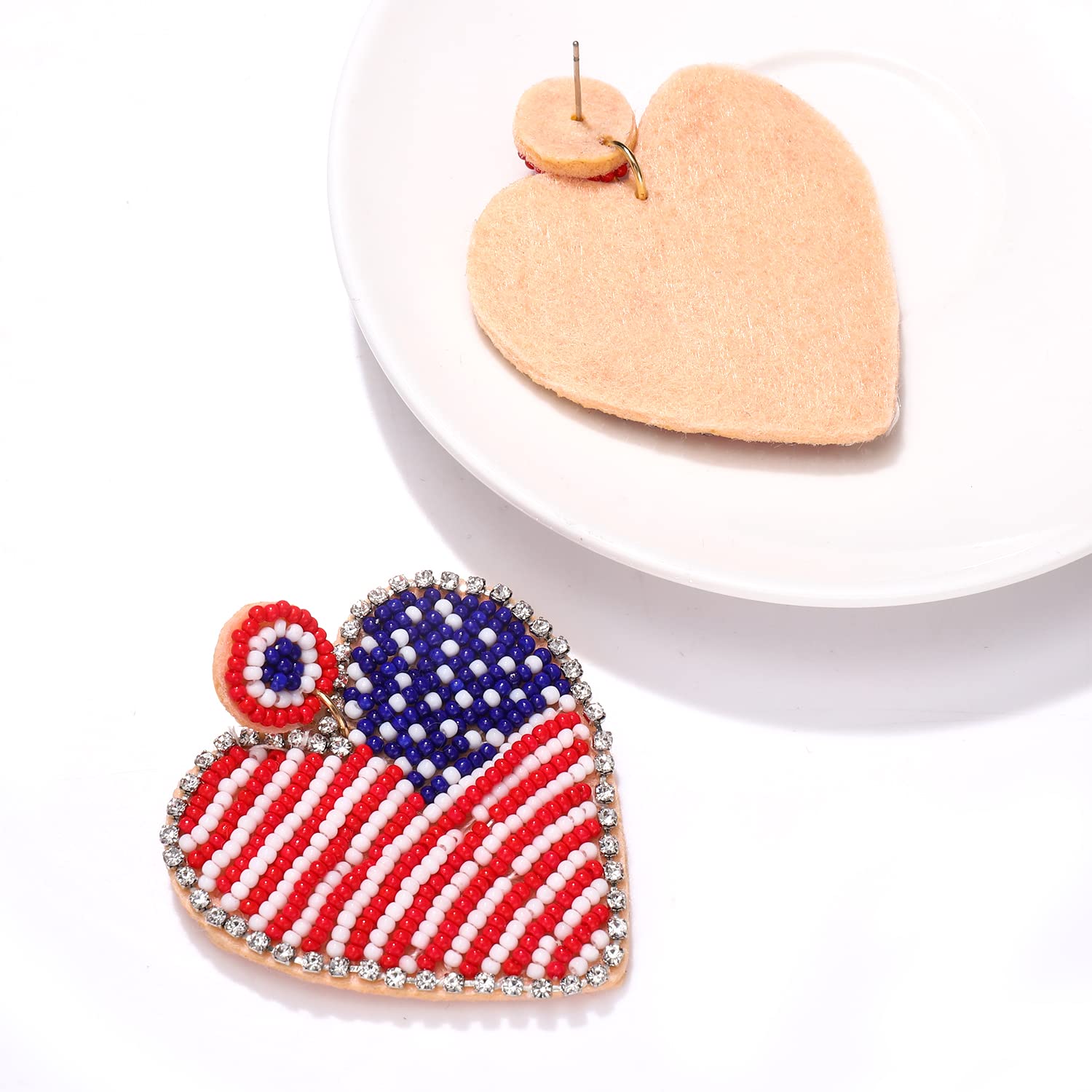 Patriotic Beaded Heart Star Flag Dangle Earrings for Women - Handmade American Flag Jewelry - Perfect for Independence Day, 4th of July, Memorial Day & Veterans Day Gifts - Great for Parties, Festivals & Patriotic Events