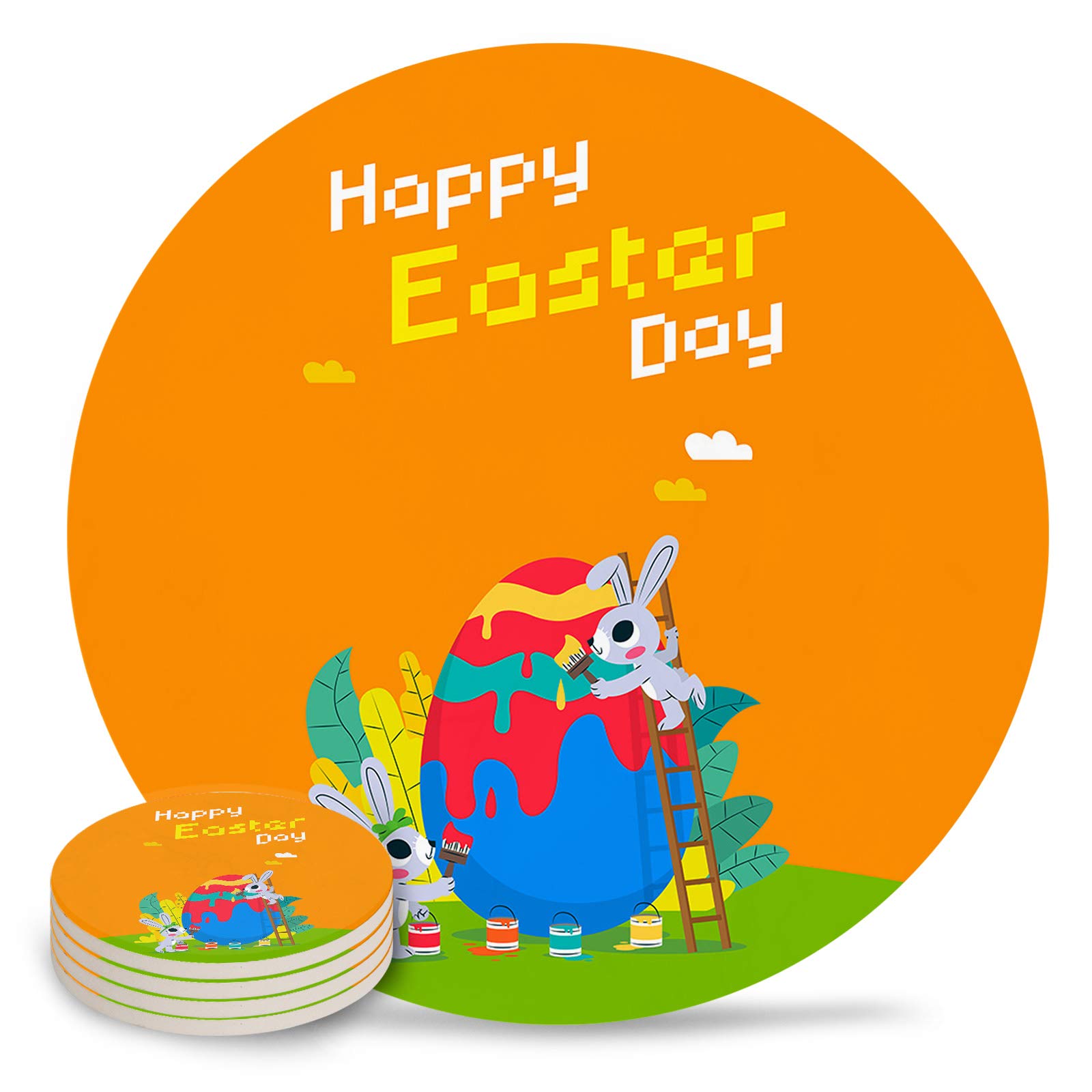 Happy Easter Drink Coasters Set of 4 - Absorbent Ceramic Coasters with Cork Backing - Easter Egg & Rabbit Design - Perfect for Home, Living Room, Coffee Bar Decor & Spring Celebrations