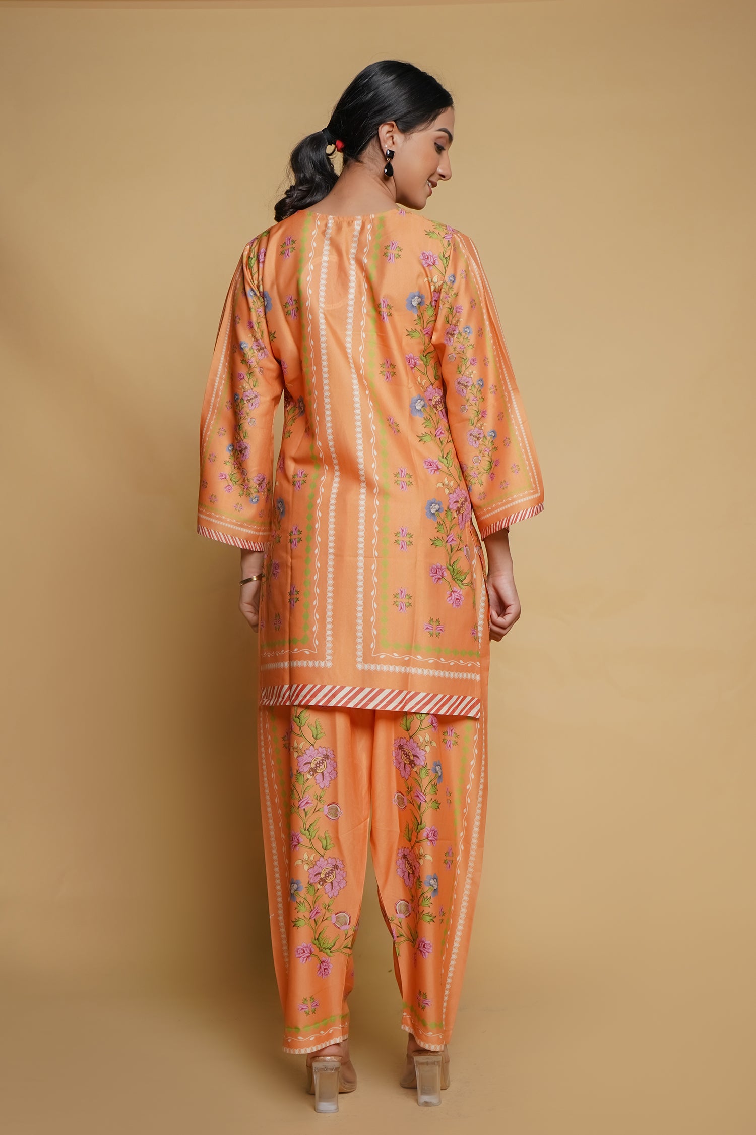 Printkari Poly Muslin Co-ord Set in Peach Orange - Stylish & Comfortable Outfit for Women - Perfect for Casual Wear, Summer Outings & Boho Fashion