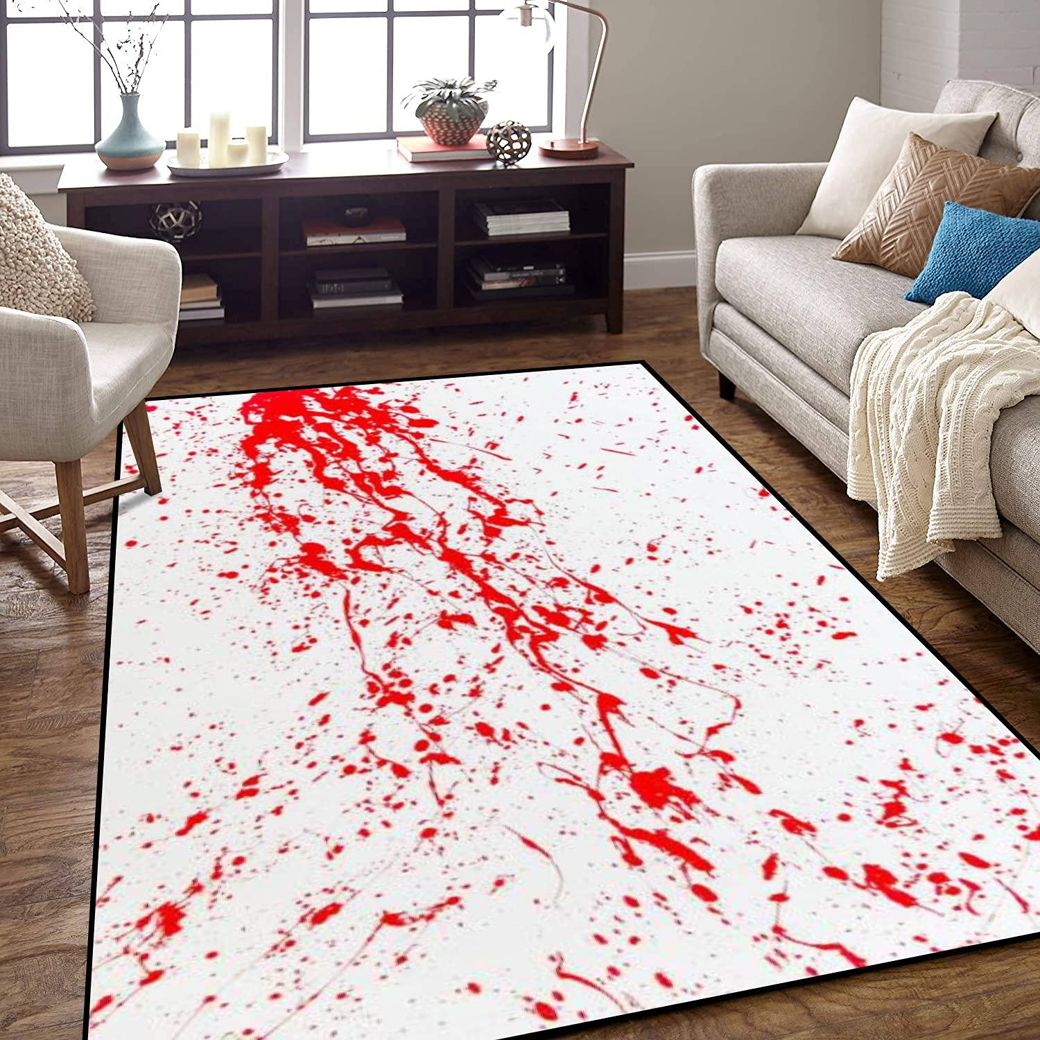Non-Slip Blood Splatter Red Acrylic Paint Area Rug - Waterproof Indoor Outdoor Floor Mat for Living Room, Bedroom, Kids Room, Yoga Studio, Patio & Home Decor - Anti-Skid Carpet Runner with Unique Wall Art Design