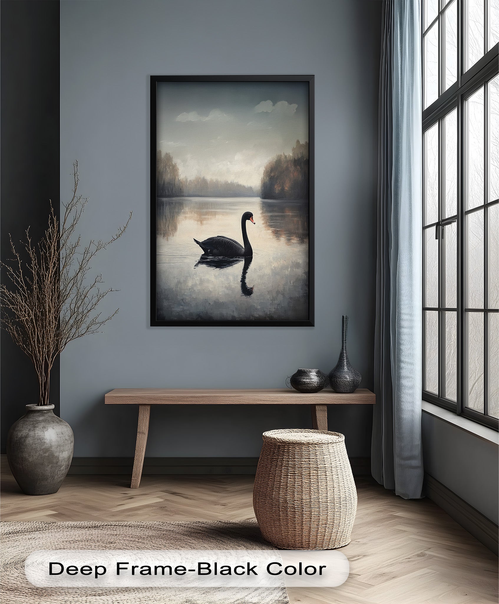 Black Swan at Dusk - Hand Painted Lake Landscape Oil Canvas Artwork - Perfect for Living Room, Bedroom, or Office Wall Decor