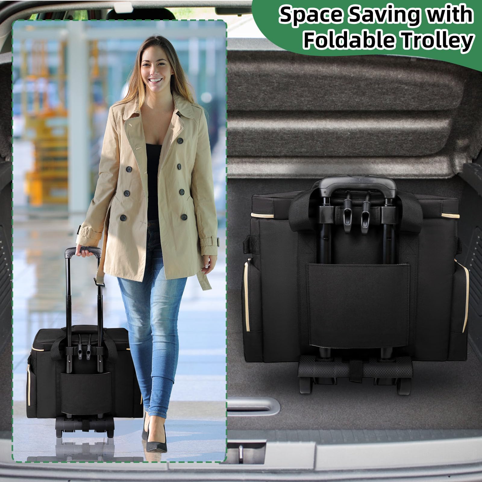 Rolling Teacher Bag with Accordion File Organizer & USB Charging Port - 15.6 Inch Laptop Compartment Wheeled Tote with Detachable Trolley for School Supplies & Office Organization (Black) - Perfect for Teachers, Professors & Educators on the Go