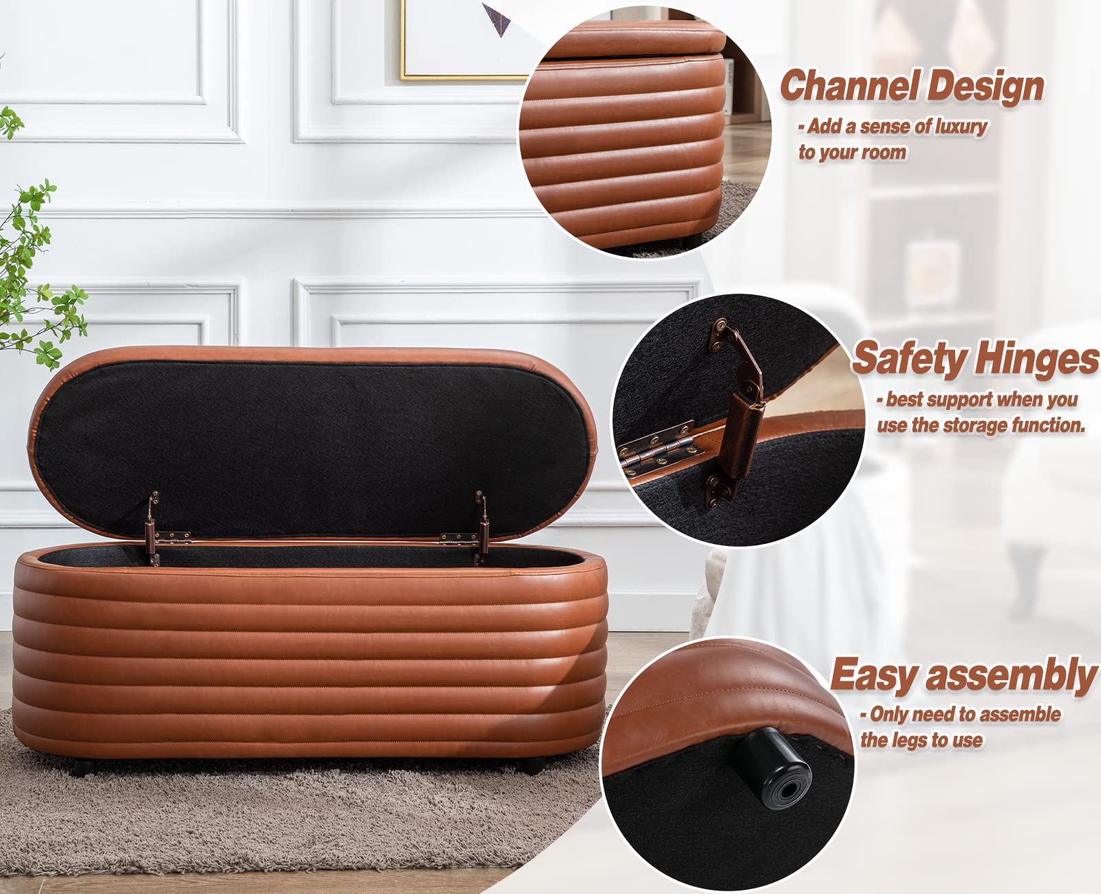 Kmax Storage Bench - PU Leather Upholstered Ottoman Entryway Bench with Storage for Bedroom, Living Room & Hallway - Brown - Perfect for Small Space Organization & Extra Seating