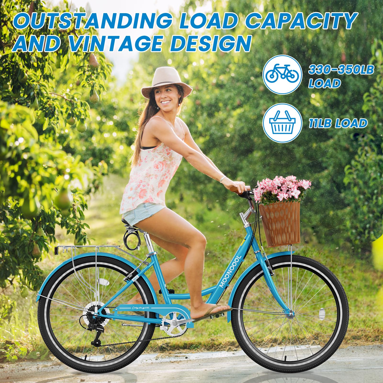 ABORON 7-Speed Beach Cruiser Bike for Adults - Hi-Ten Steel Frame, Front Basket & Rear Rack - Classic Vintage City Bicycle for Urban Commuting, Beach Rides, Park Trails & Leisure Cycling