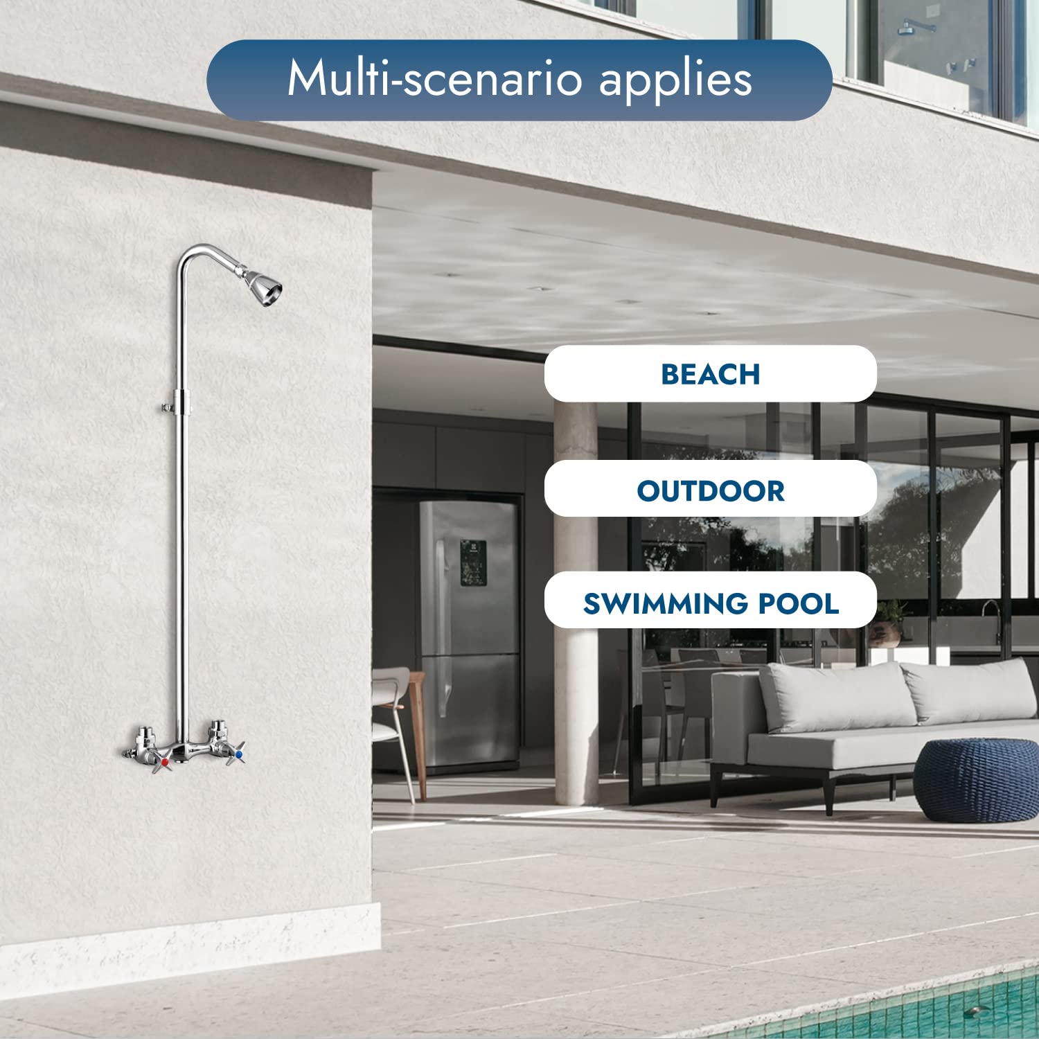 Polished Chrome Outdoor Shower System - Wall Mounted Exposed Shower Kit with Adjustable Slider, Dual Cross Handles & Brass Faucet Mixer Valve - Perfect for Poolside, Garden, Backyard & Beach Showers