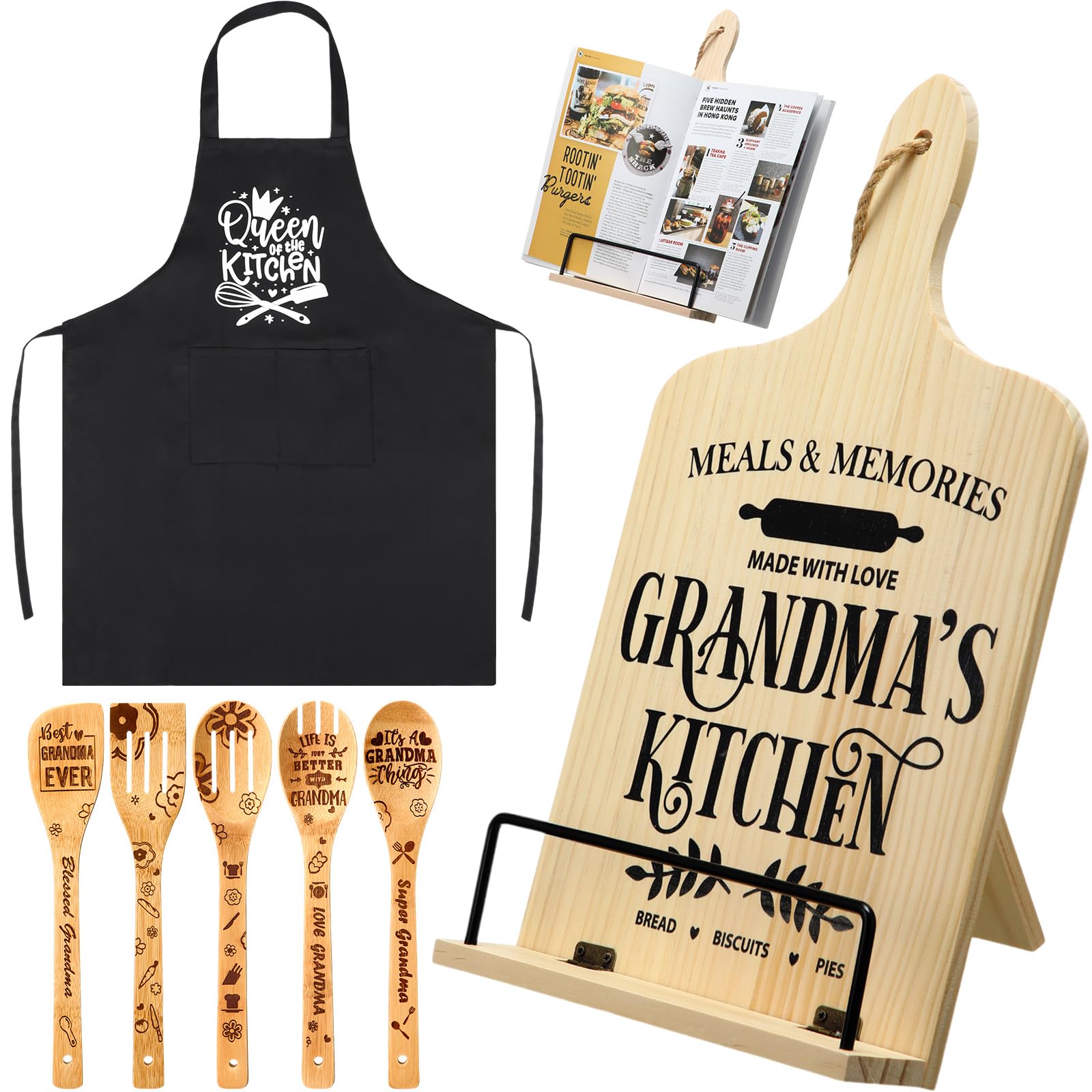 7-Piece Wooden Cookbook Stand & Kitchen Utensil Set - Adjustable Recipe Holder with Apron - Perfect Mother's Day, Birthday & Valentine's Gift for Grandma, Mom, Nana from Daughter or Granddaughter - Ideal for Cooking, Baking & Kitchen Organization
