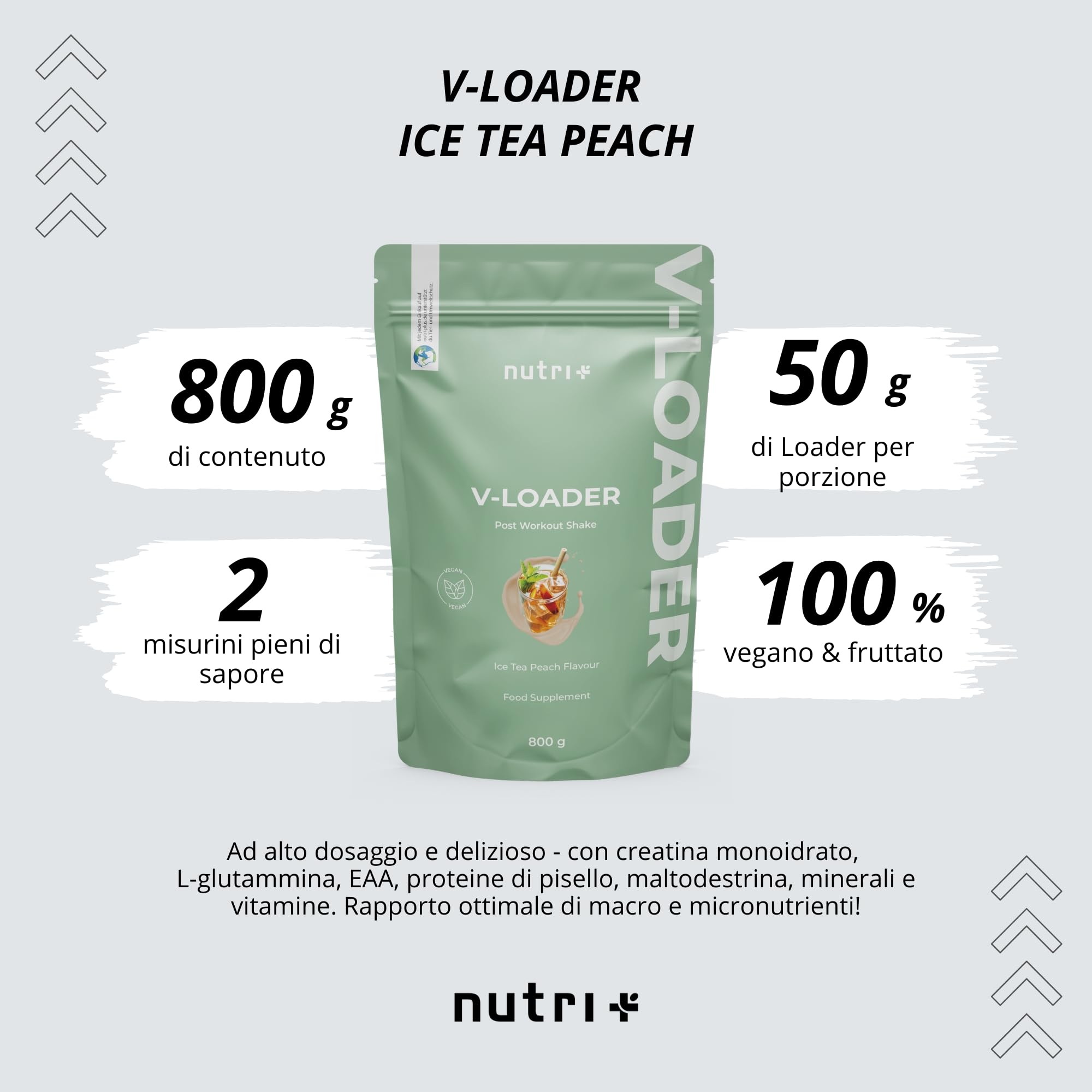 Nutri+ Vegan Post Workout Shake - 800g Muscle Recovery & Growth Protein Powder with Peach Iced Tea Flavor & Maltodextrin | Ideal for Gym Recovery, Muscle Building & Vegan Fitness Enthusiasts