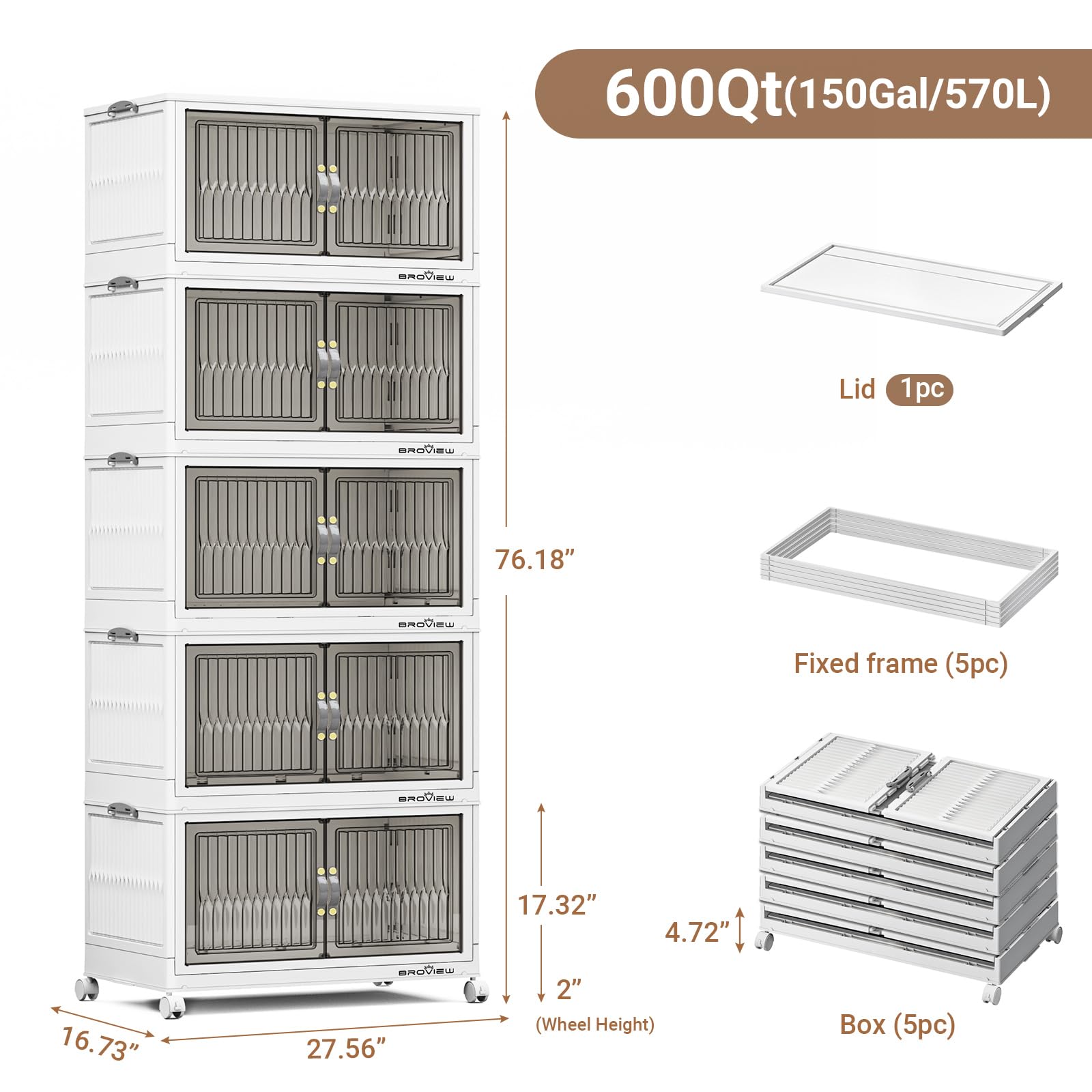 120 Qt Stackable Plastic Storage Bins with Lids & Wheels - Collapsible Closet Organizer, Storage Drawers & Home Organization Cabinet for Clothes (5-Pack, White) - Perfect for Bedroom, Garage & Moving Storage
