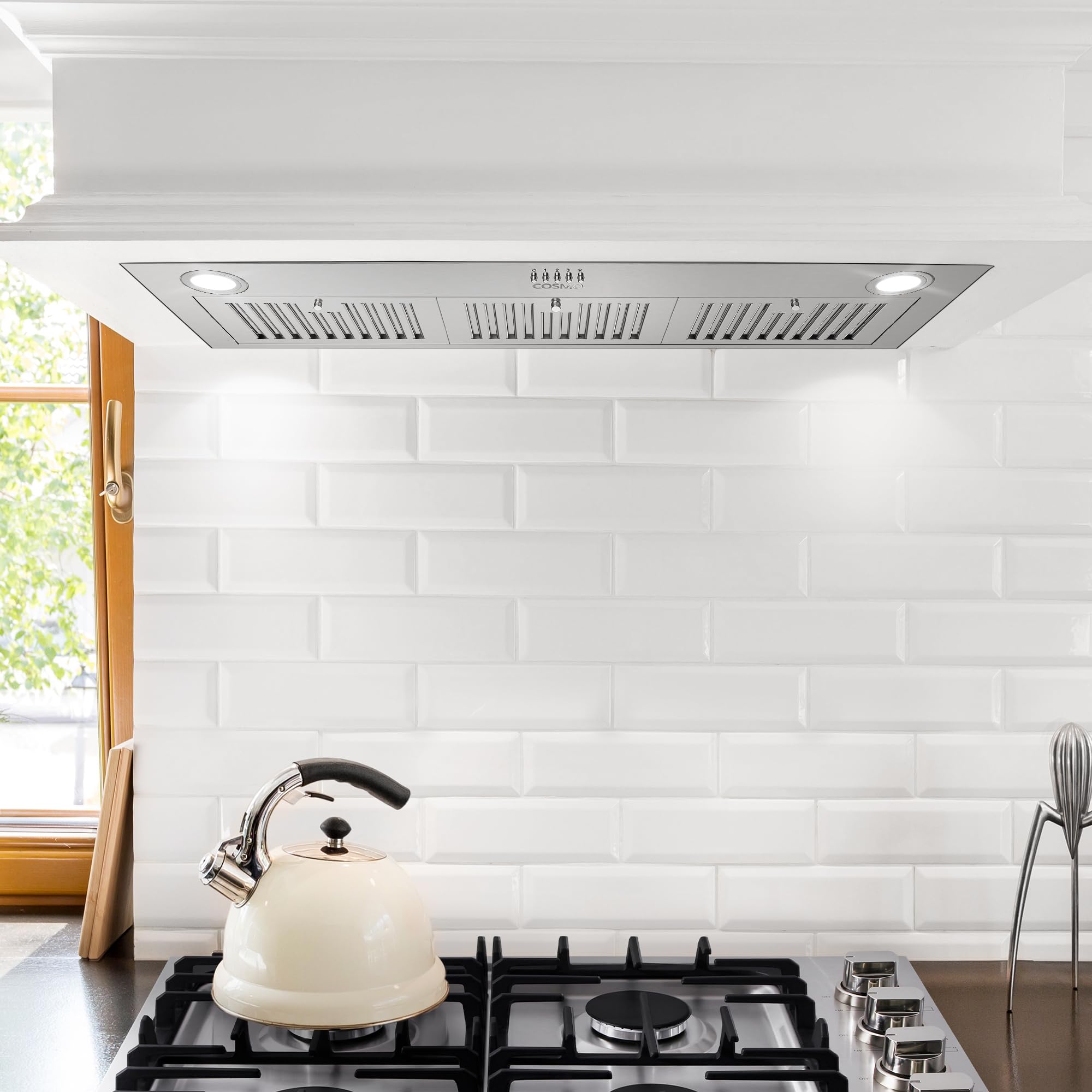 COSMO COS-36IRHP 36-Inch Stainless Steel Ducted Insert Range Hood - 380 CFM, LED Lights & Button Controls | Lumin Collection | Ideal for Modern Kitchens & High-Performance Cooking
