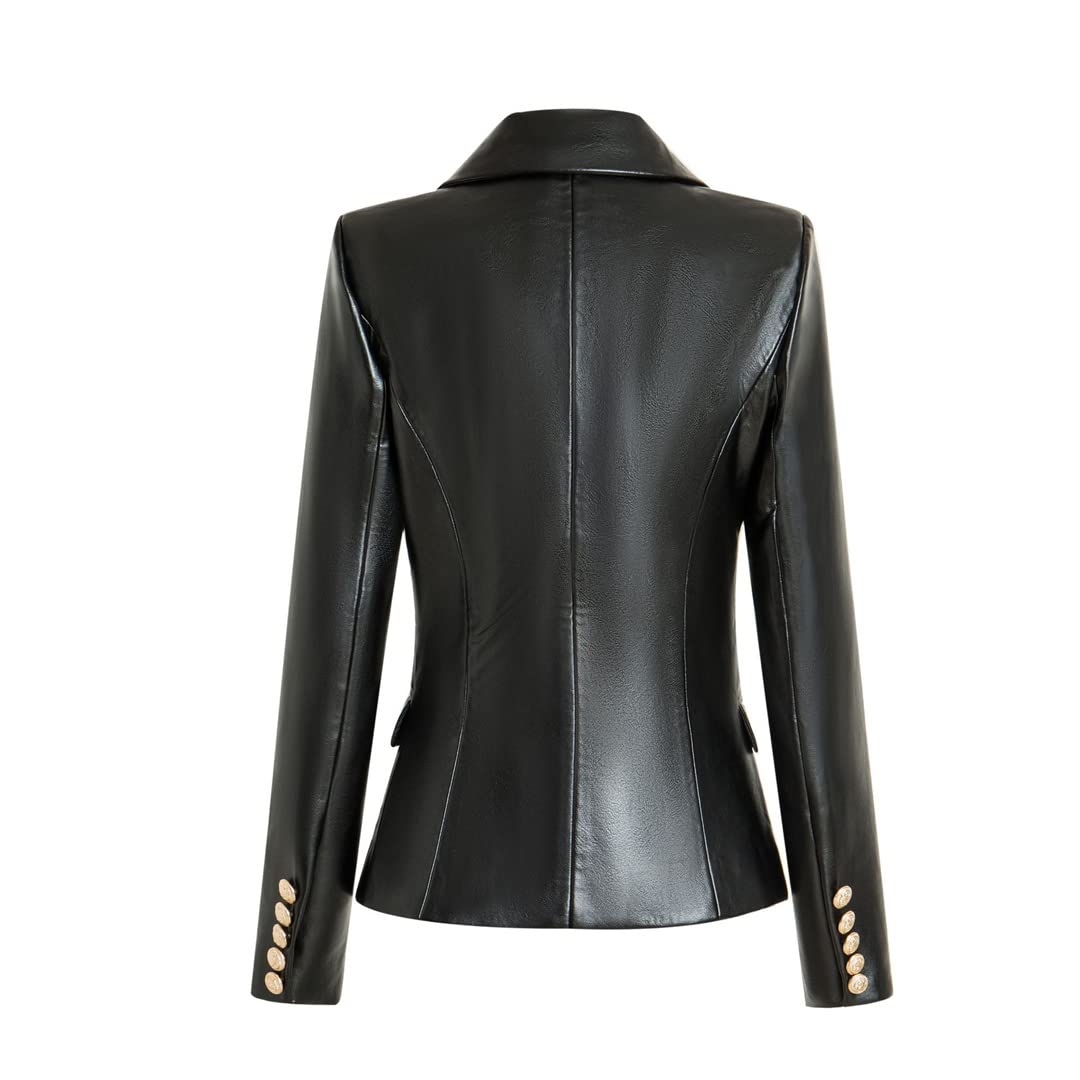 Stylish PU Leather Women's Black Blazer with Gold Buttons - Slim Fit High Street Fashion Jacket for Office, Party & Business Casual Outfits