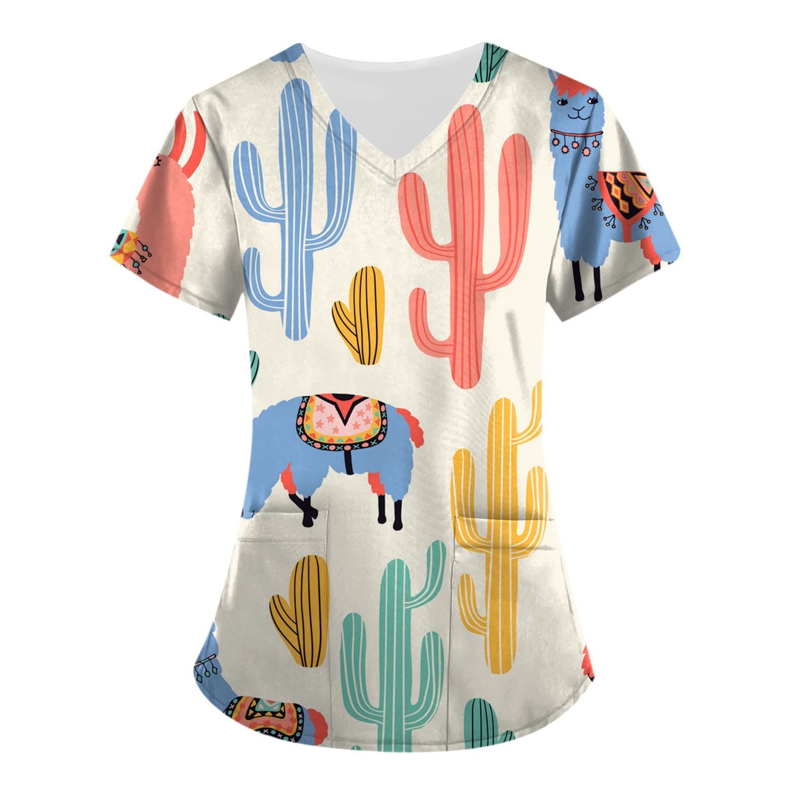 Women's Cartoon Print Scrubs - V Neck Short Sleeve Nursing Uniform Tees | Cute Scrub Tops for Nurses & Healthcare Professionals | Comfortable Medical Workwear for Hospitals & Clinics