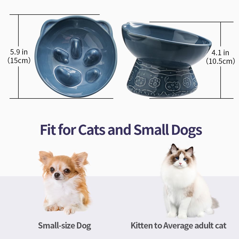 Ceramic Cat Slow Feeder Bowl - Elevated Tilted Design for Healthy Eating, Prevents Black Chin in Cats & Dogs - Perfect for Dry and Wet Food (Blue) - Ideal for Fast Eaters & Digestive Health at Home