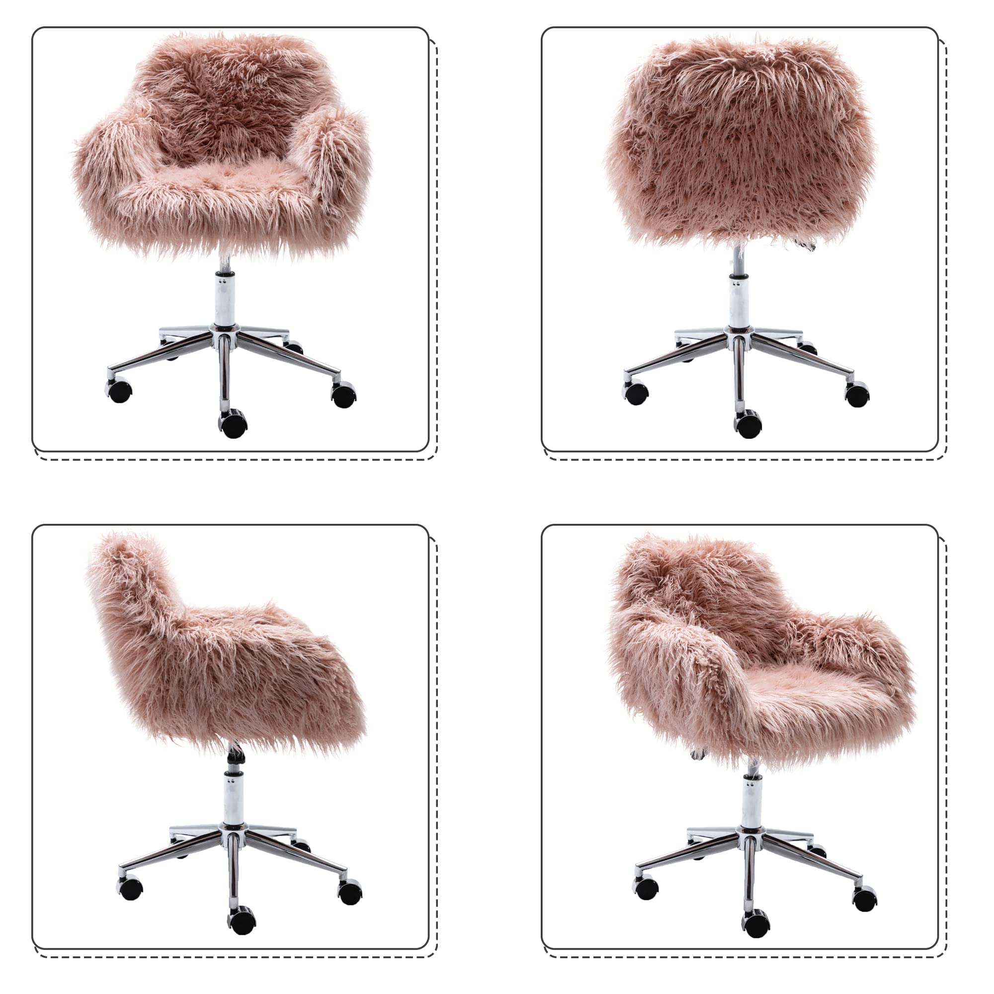Fluffy Faux Fur Office Desk Chair with Wheels - Modern Swivel Armchair for Women & Girls, Soft Comfy Elegant Accent Makeup Vanity Chair for Home, Bedroom, Dressing Room - Perfect for Work, Study & Beauty Routine (Pink)