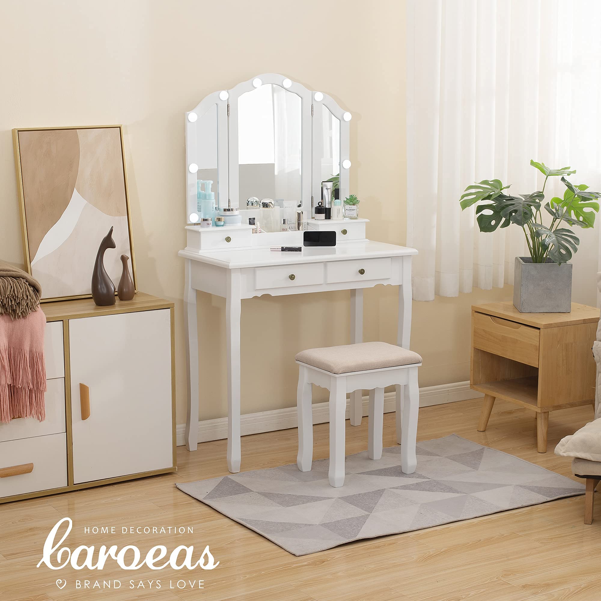 Caroeas White Tri-Fold Makeup Vanity Set with LED Lights - Solid Wood Vanity Table with Mirror, Padded Stool, 4 Drawers & Storage Compartments - Perfect for Bedroom, Dressing Room & Beauty Salon