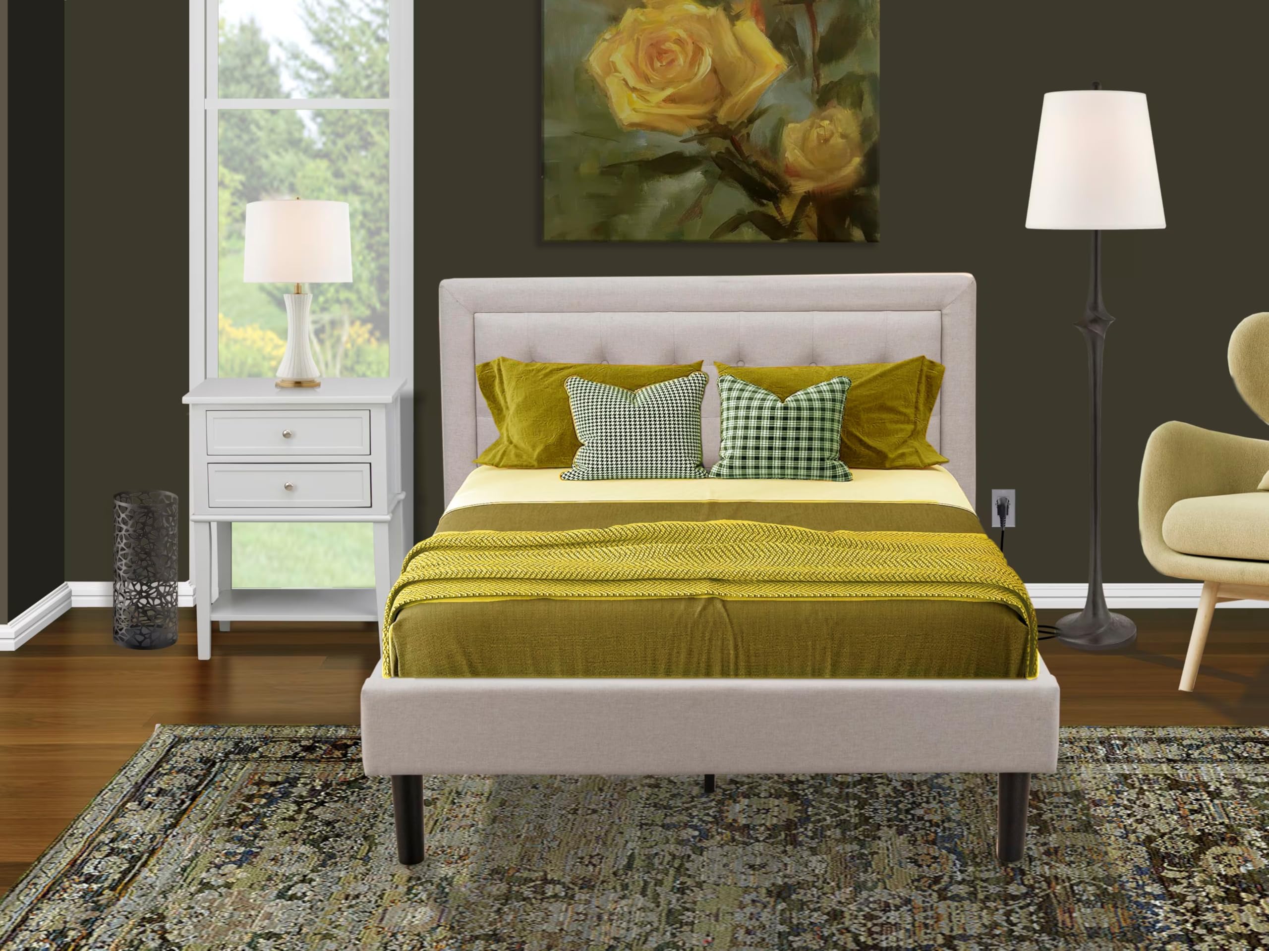 East West Furniture FN08F-1VL14 2-Piece Full Size Platform Bed Frame with Nightstand - Sturdy Beige Linen Fabric Bedroom Set for Modern Homes | Perfect for Small Spaces & Guest Rooms