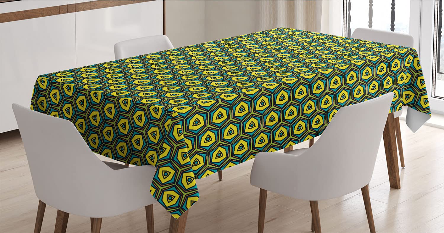 Vintage Hexagon Tablecloth - Yellow & Green Satin Dining Cover for Kitchen & Party