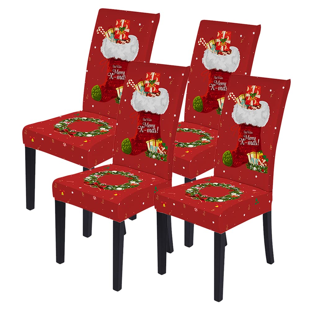 Set of 4 Stretchable Christmas Dining Chair Slipcovers - Printed Parsons Chair Covers, Washable Kitchen Chair Protectors for Home, Hotel & Party Use (Red Wine Design, 4 Pieces) | Perfect for Holiday Decor, Family Gatherings & Restaurant Events
