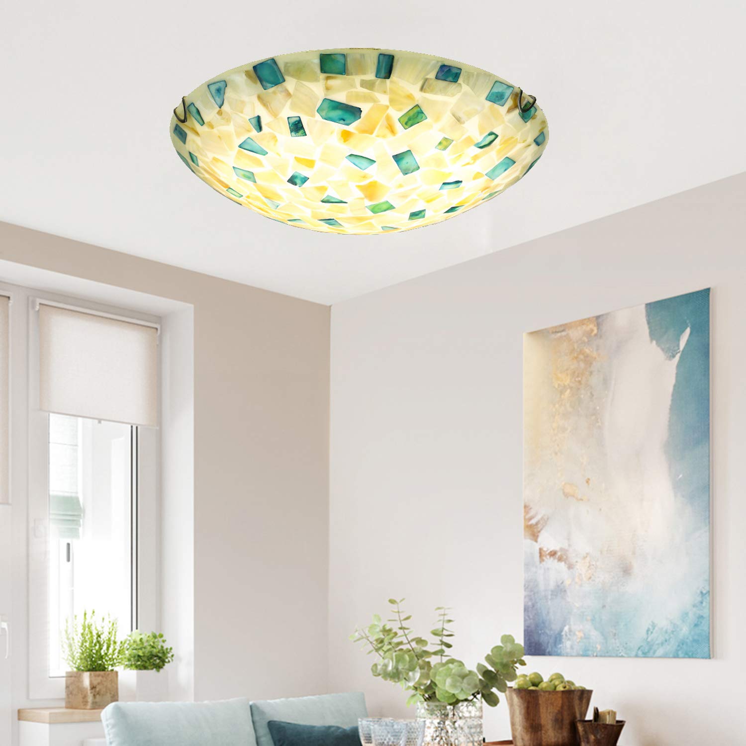 KWOKING Handmade Stained Glass Flush Mount Ceiling Light - 11.81