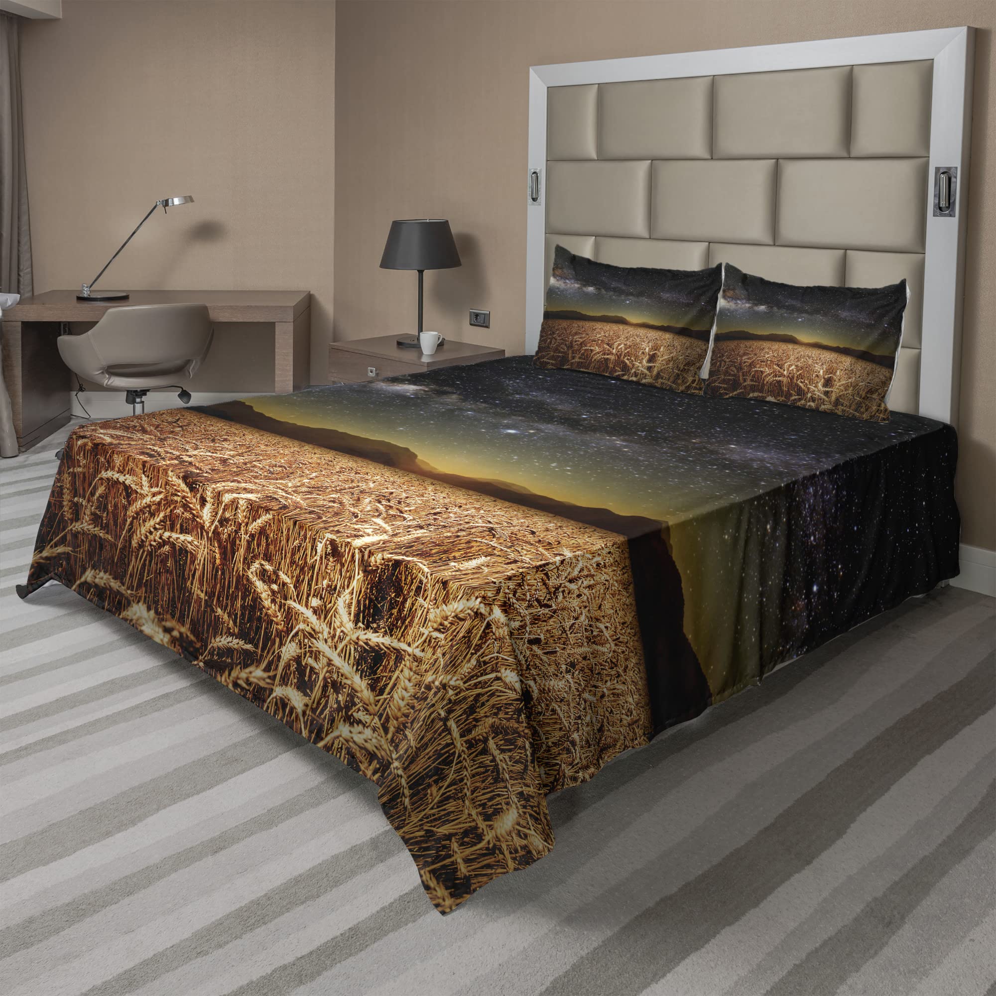 Ambesonne Space Sheet Set - Wheat Field Meadow Under Stars Art Print, 4-Piece Full Bedding Set with Fitted Sheet, Flat Sheet & Pillowcases in Tan Grey | Perfect for Astronomy Lovers & Cozy Bedroom Decor