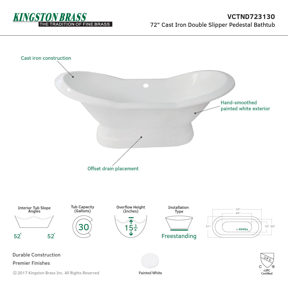 Aqua Eden 72 Inch White Cast Iron Oval Double Slipper Pedestal Bathtub - No Faucet Drillings | Freestanding Soaking Tub for Luxury Bathroom & Spa Relaxation