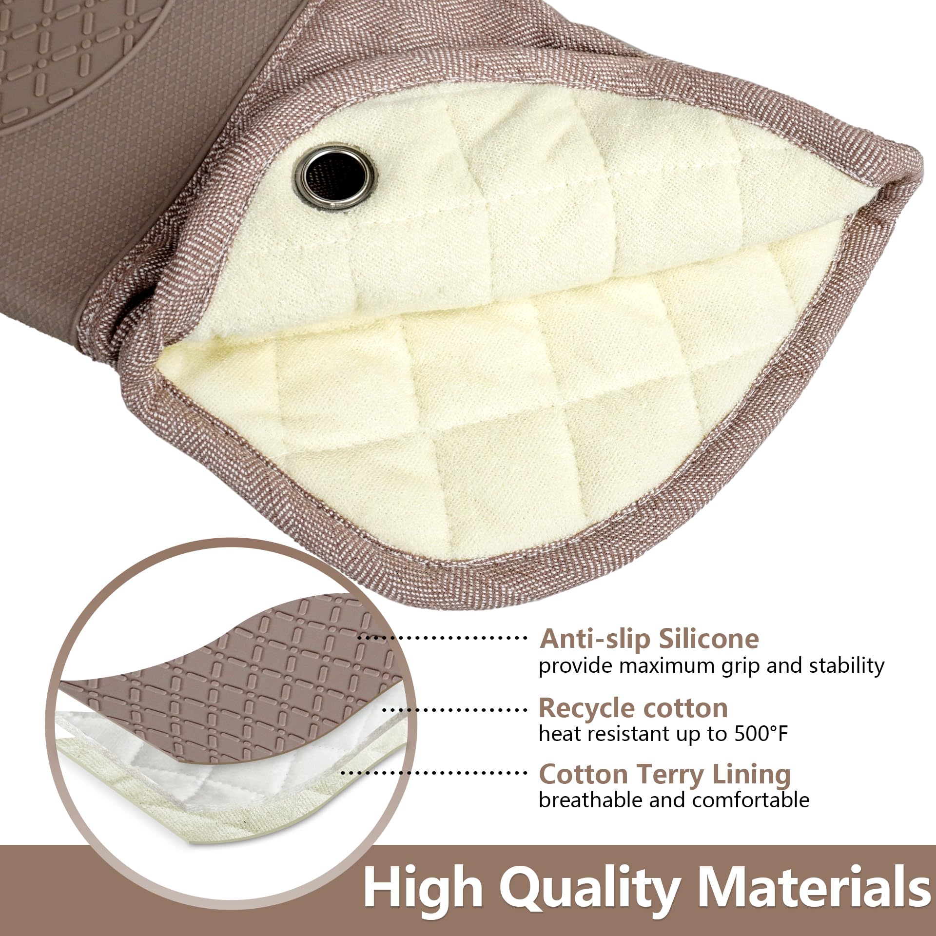 Heat Resistant Silicone Oven Mitts - 500°F Kitchen Gloves for Baking, BBQ & Cooking - Pair of Non-Slip Pot Holders (Khaki) - Perfect for Grilling, Baking & Handling Hot Dishes