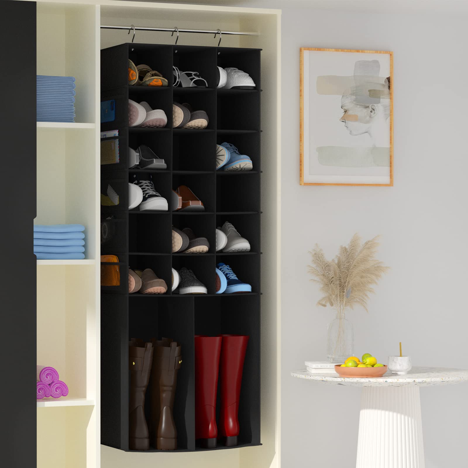Coastal Rose Hanging Shoe Organizer for Closet - 18+2 Sections with 10 Mesh Pockets, Boot Storage & Closet Organization - Black | Perfect for Small Spaces, Bedroom, Entryway & Dorm Room Storage Solutions