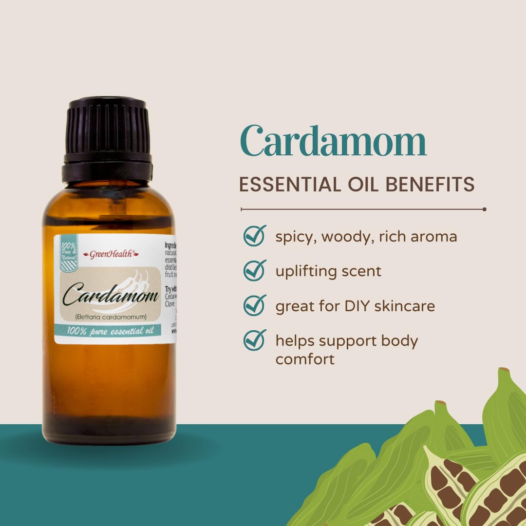 100% Pure Cardamom Essential Oil - 15ml in Amber Glass Bottle with Euro Dropper | Aromatherapy, Massage & DIY Skincare | GreenHealth