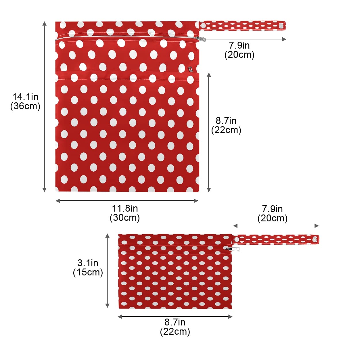 Waterproof Wet Dry Bags for Diapers - Polka Dot Red Washable Hanging Organizer Pouch with Pocket | Perfect for Travel, Camping, Beach, Gym & Swim Essentials Storage