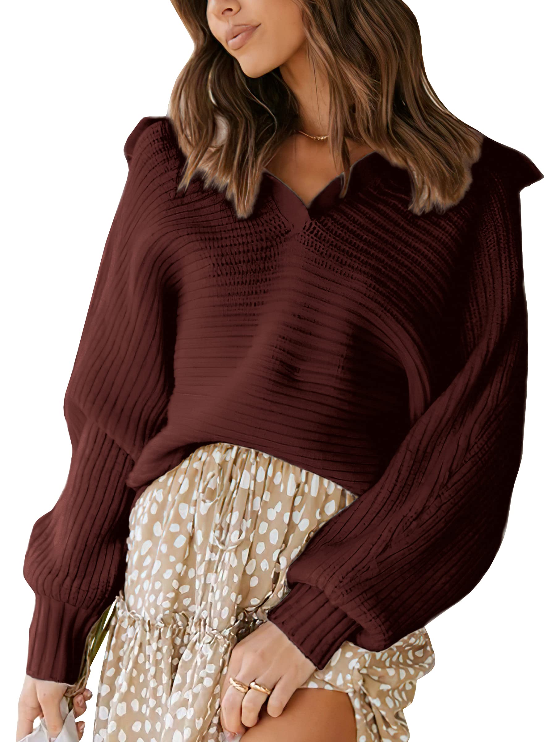 ECOWISH Women's Knit Sweaters - V Neck Pullover Long Sleeve Plain Sweater for Casual Wear & Office Outfits | Soft Comfortable Winter Fall Fashion