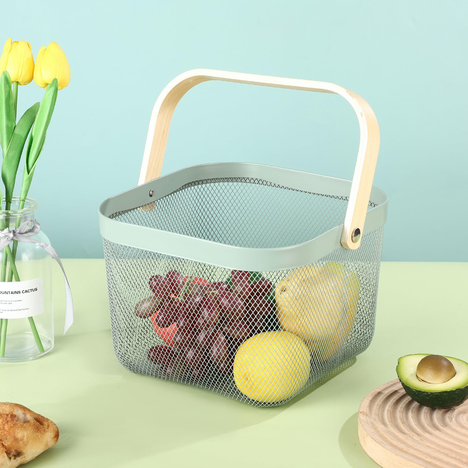 Stainless Steel Mesh Storage Basket with Bamboo Handle - 9.84 x 10.2 x 7 Inch Mint Green Organizer for Kitchen, Bathroom, Office & Laundry - Perfect for Fruits, Vegetables, Toys & Household Items