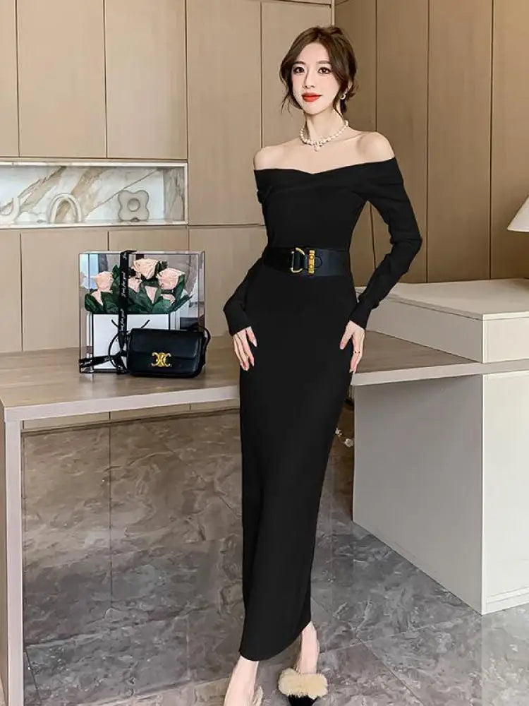 Beige Knit Sweater Dress for Women - Autumn Winter Long Sleeve V-Neck Slim Fit High Waist Elegant Party Dress (Black, Red) - Perfect for Evening Events, Date Nights & Holiday Gatherings