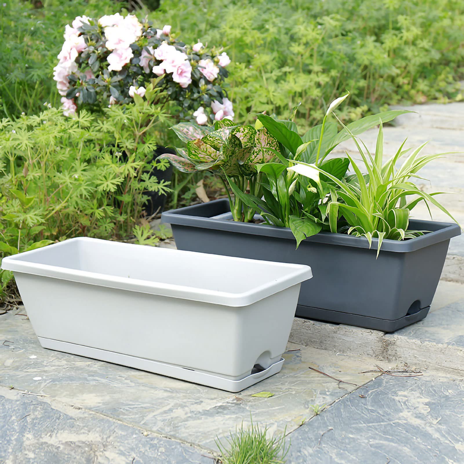 Rectangular Flower Pot Box - Thickened PP5 Resin Planter with Spout Design, Reinforced & Lightweight (43x19cm, Light Grey) - Perfect for Kitchen Windows, Windowsills, Balcony Decor & Indoor Herb Gardens