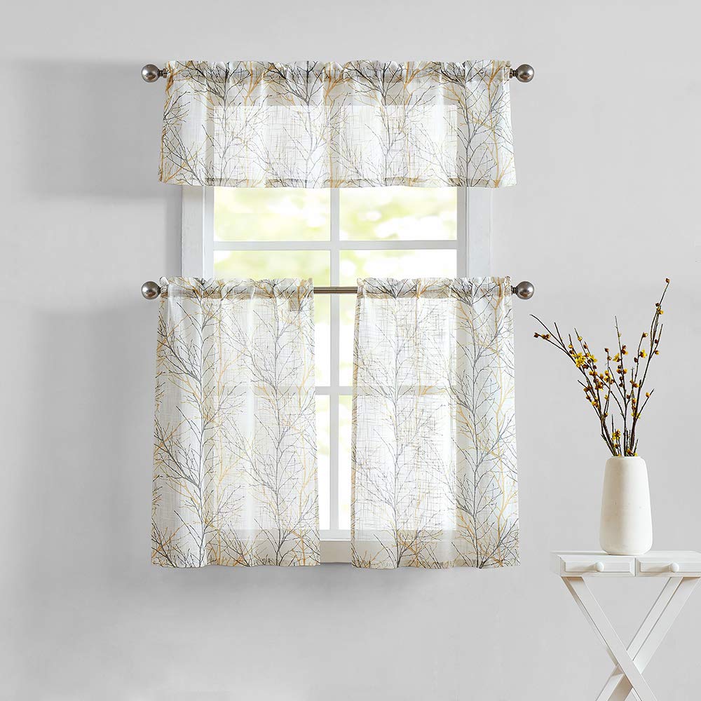 FMFUNCTEX White & Grey/Yellow Farmhouse Kitchen Curtains Set - 36 Inch Tree Branch Print Café Curtains with Rod Pocket (2 Panels) for Windows, Bathroom & Rustic Home Decor | Perfect for Coffee Shops, Country Kitchens and Cozy Living Spaces