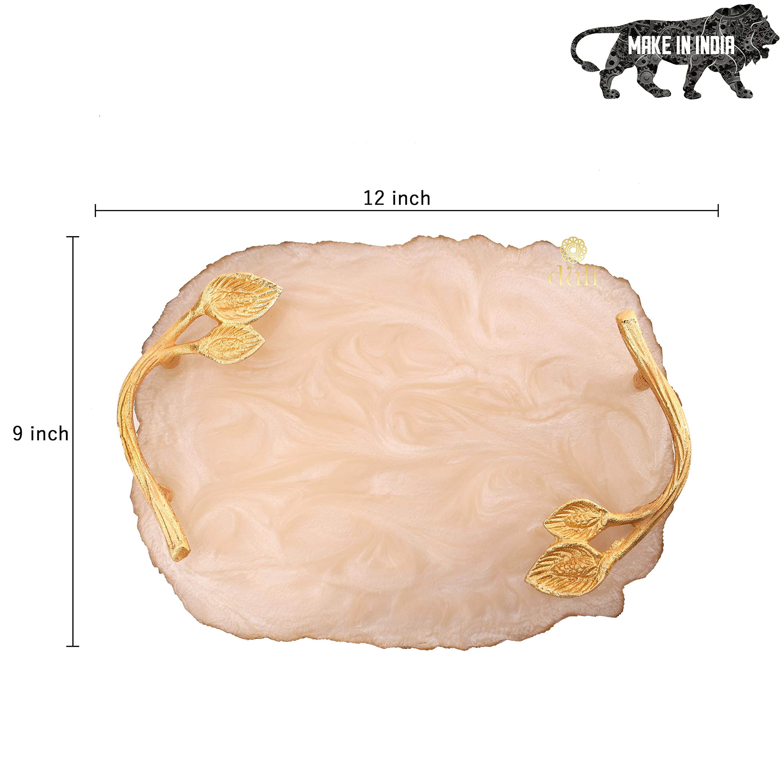 Elegant DULI Resin Coaster and Tray Set with Golden Handle - Cream Oval Home Decor for Coffee Table, Dining Table, and Office Desk | Multipurpose Serving Tray and Drink Coasters for Parties, Gifts, and Daily Use