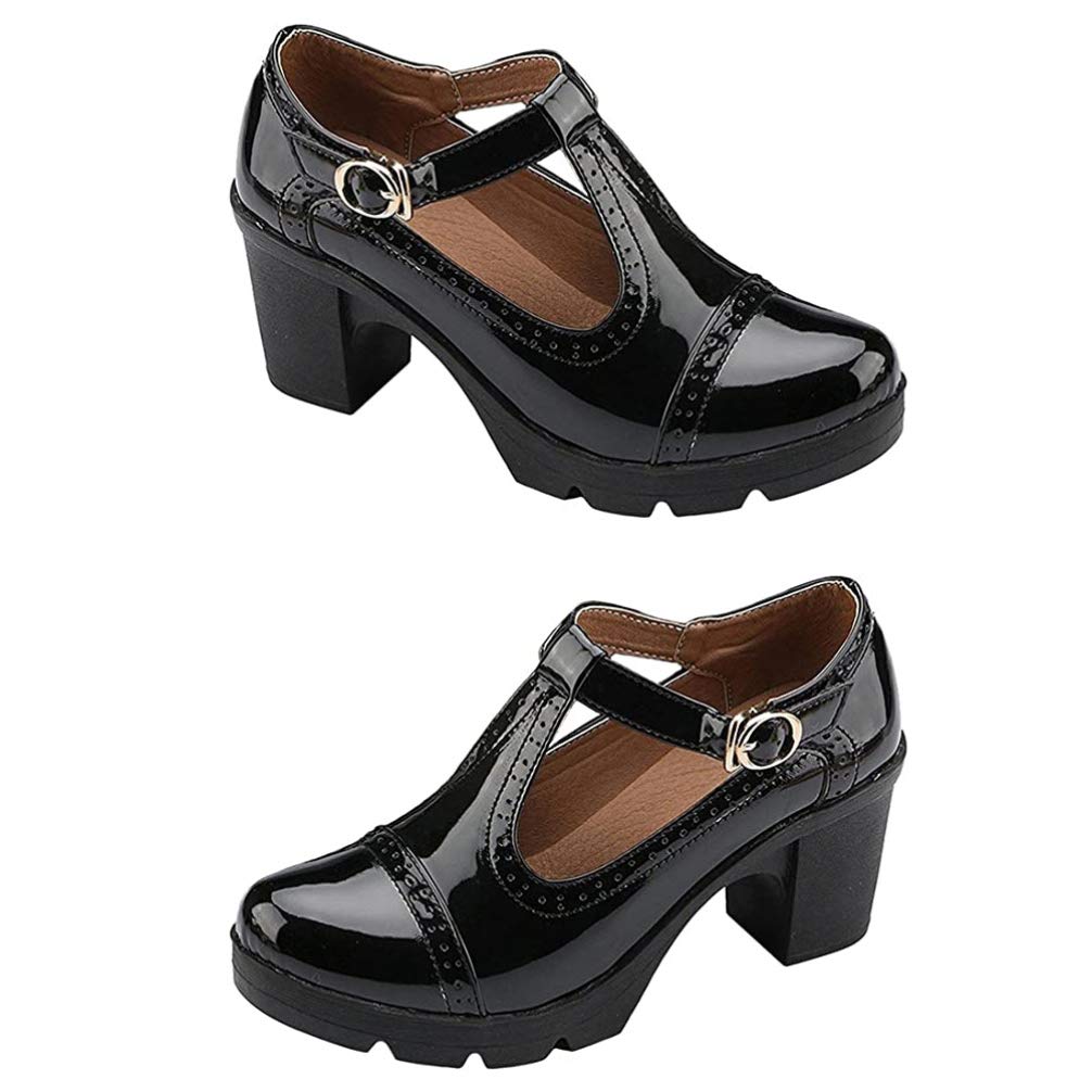 Holibanna Women's Mary Jane Shoes - Classic Platform Mid Heel Oxfords with Buckle | Comfortable Round Toe Dress Shoes for Work, Office & Formal Occasions