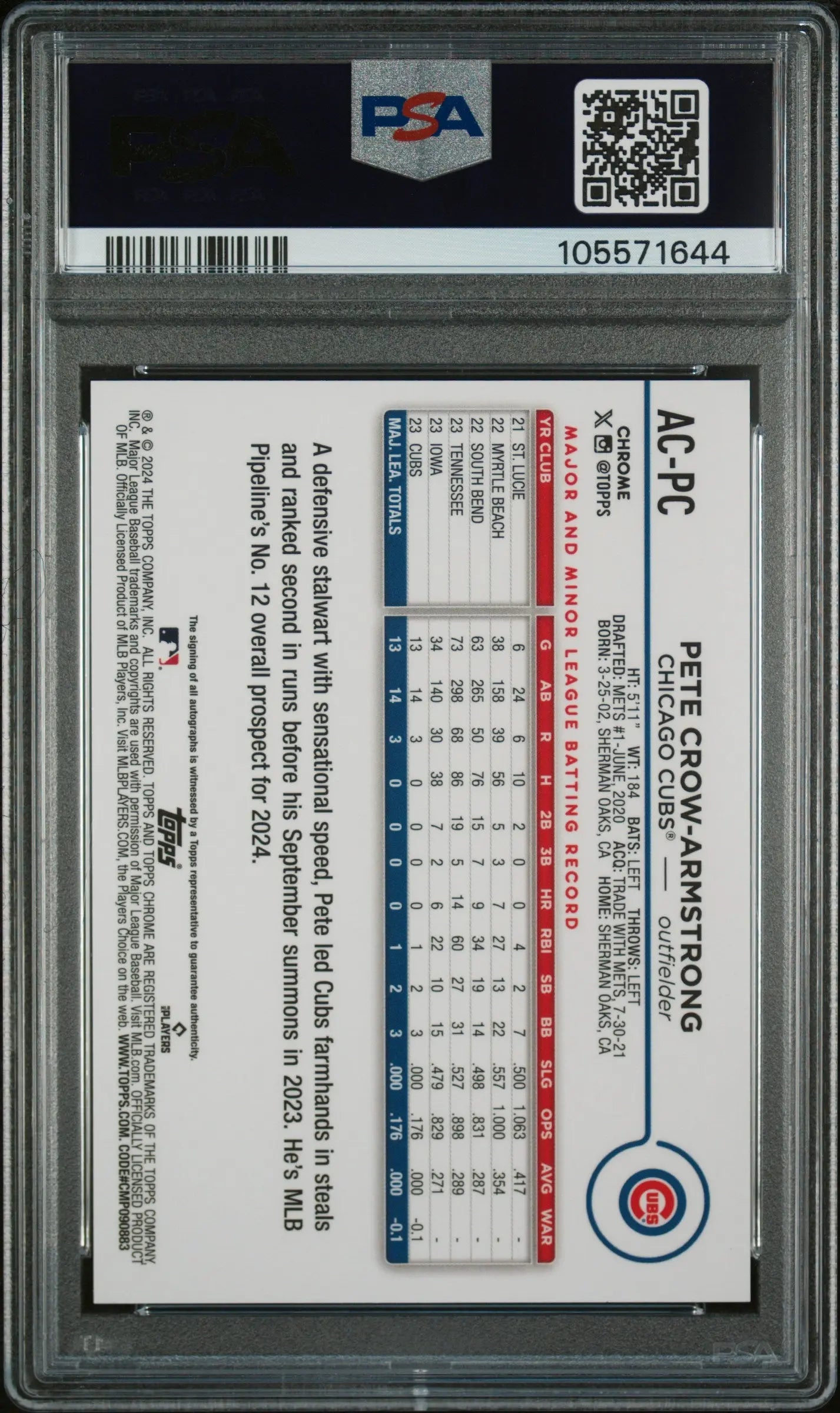 2024 Topps Chrome Update Pete Crow Armstrong Rookie Card Blue Refractor Auto PSA 9 /150 - Rare Baseball Collectible for Investors & Fans