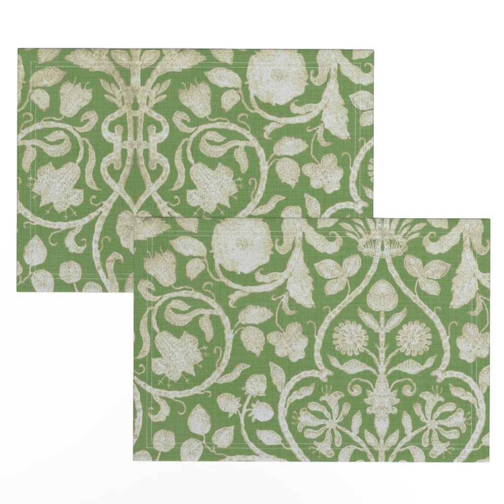 Premium Linen Cotton Canvas Placemats Set of 2 - Spring Green Damask French Floral Print Table Mats for Dining, Kitchen Decor, and Party Settings | Elegant Washable Cloth Placemats by Spoonflower