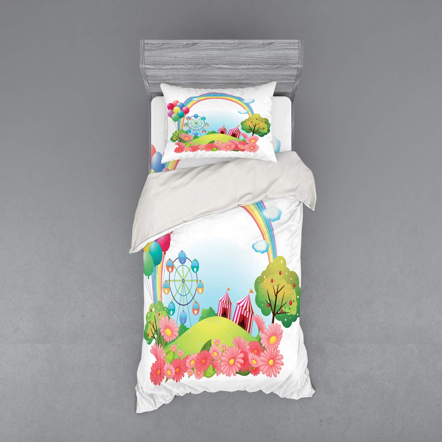 Ambesonne Circus Bedding Set - 3 Piece Duvet Cover with Sham & Fitted Sheet, Twin XL Size, Vibrant Rainbow Colors with Circus Tents, Balloons, Ferris Wheel & Daisies Design | Perfect for Kids' Rooms, Themed Bedrooms & Circus Lovers