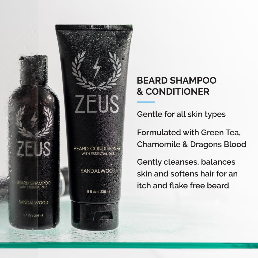 ZEUS Premium Beard Care Kit with Tin Gift Box – Natural Sandalwood Beard Oil, Balm, Wash & Conditioner for Men – Perfect for Daily Grooming & Travel