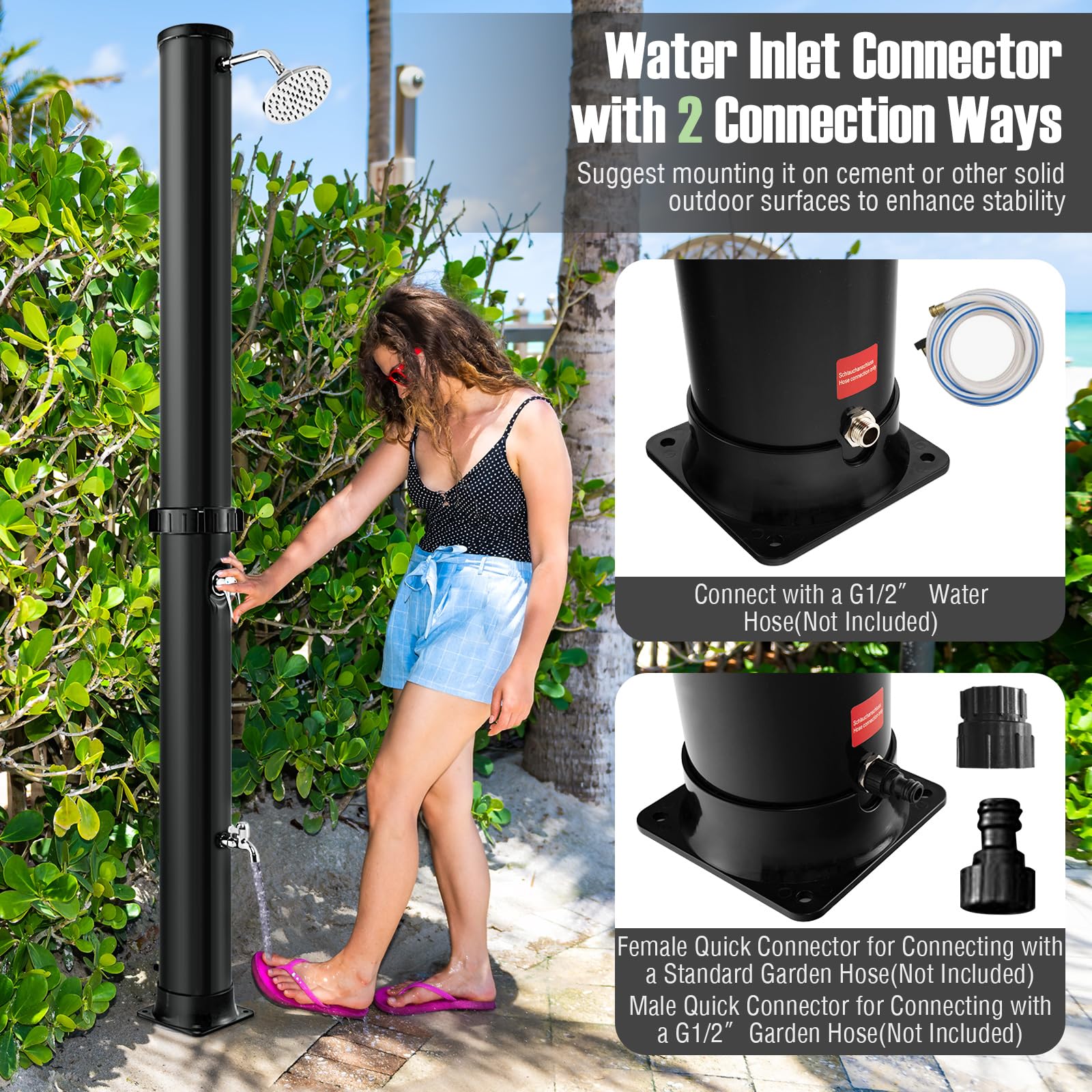 Goplus 10 Gallon Solar Heated Outdoor Shower - 7.2 FT Freestanding Garden Pool Shower with Rotating Shower Head, Temperature Control & Foot Wash - Perfect for Backyard, Beach, Camping & RV Use (Black)