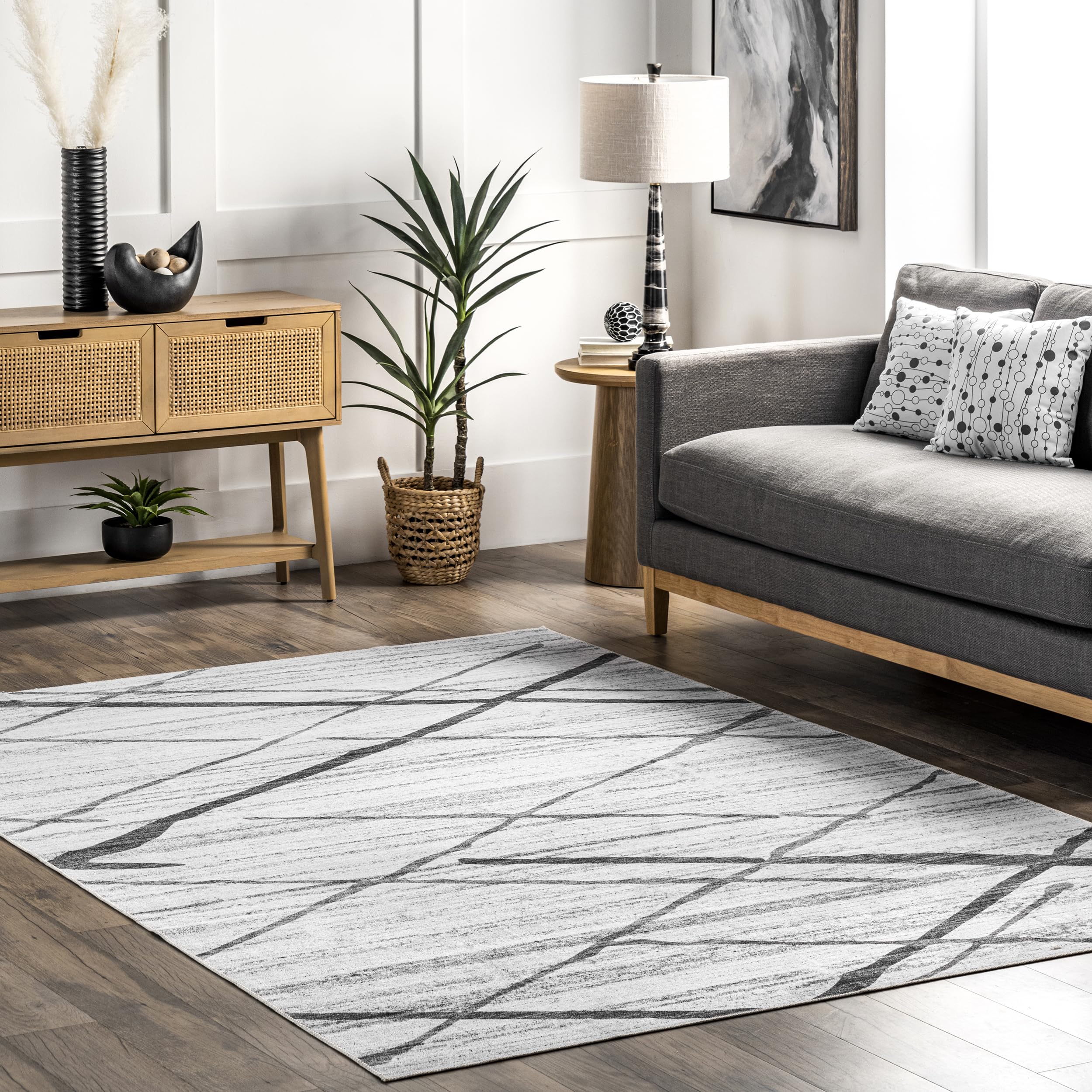 nuLOOM 5' x 8' Washable Area Rug - Stain Resistant, Non-Slip Backing, Low Pile - Perfect for Living Room, Bedroom & Dining Room - Light Grey | Easy Cleaning & Durable for High Traffic Areas