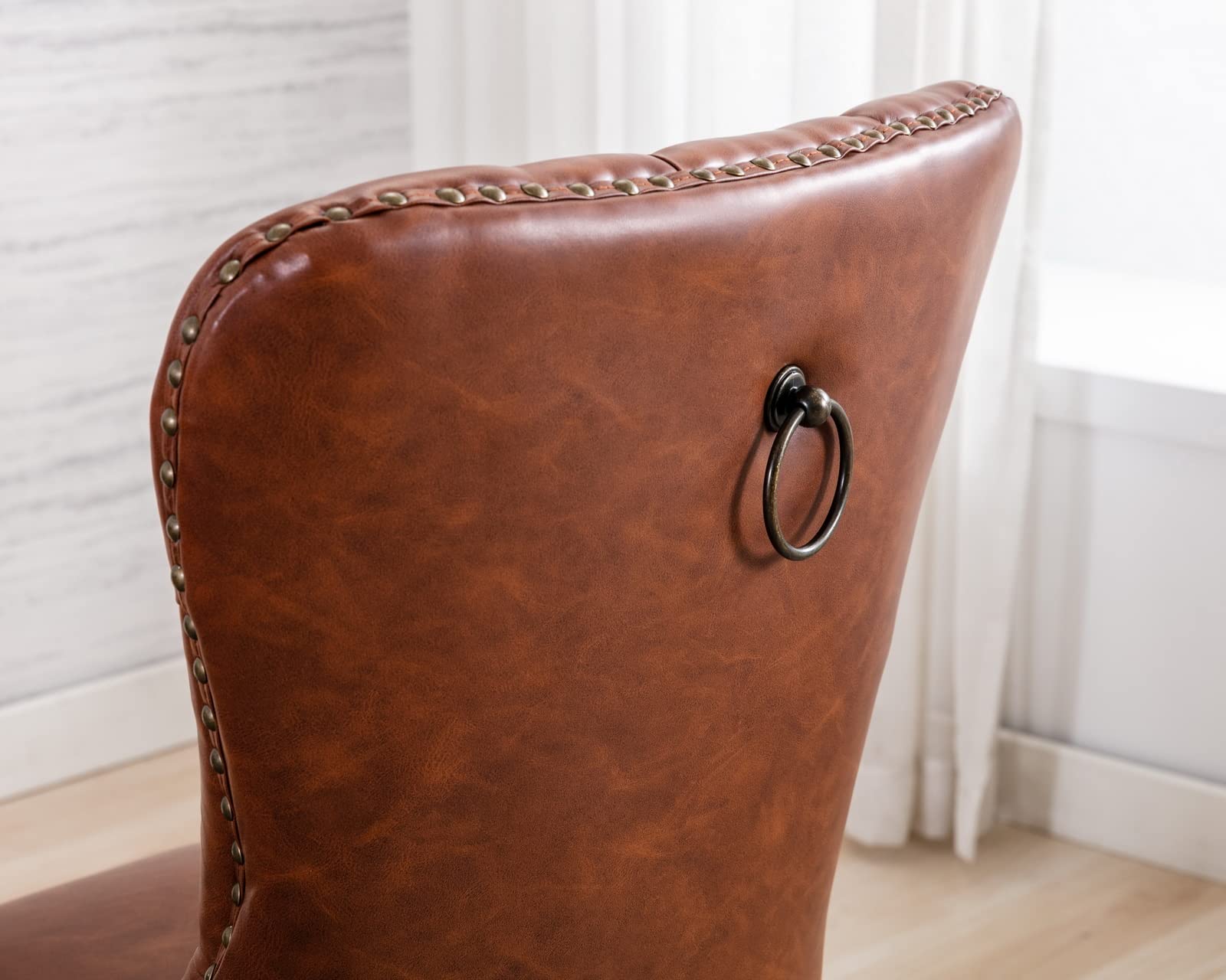CIMOTA Set of 2 Brown Leather Dining Chairs - Mid Century Modern Tufted Upholstered Kitchen Chairs with Nailhead Trim & Ring Back (PU Leather, 2-Piece Set) - Perfect for Dining Room, Kitchen, Breakfast Nook & Home Office