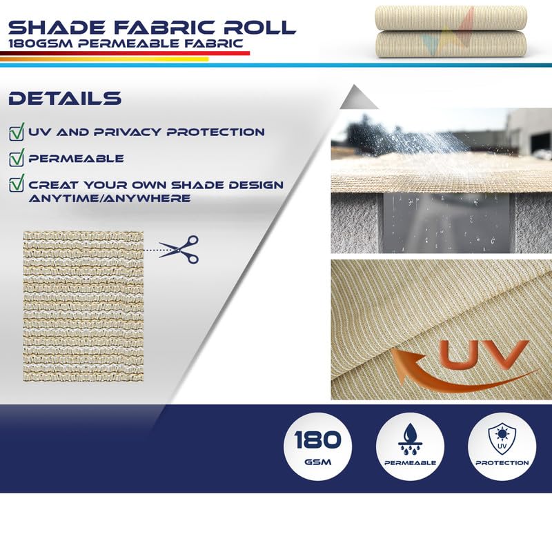 12'x99' Sun Shade Fabric Roll - UV Blocking Shade Cloth for Pergola, Patio & Greenhouse - Outdoor Wind Screen Cover in Beige - Perfect for Backyard, Garden and Outdoor Living Spaces