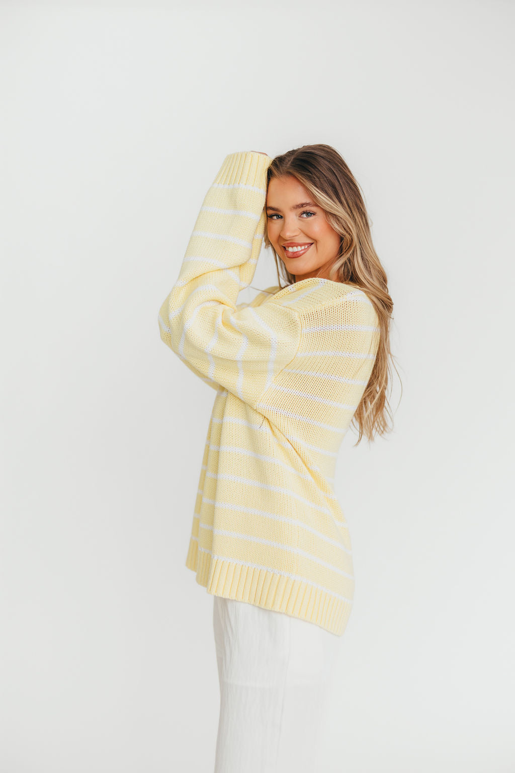 Bayside Sweater Women's Banana Stripe Knit Pullover - Soft Casual Long Sleeve Crewneck Sweater for Fall & Winter - Perfect for Coffee Dates, Office Wear and Weekend Outings