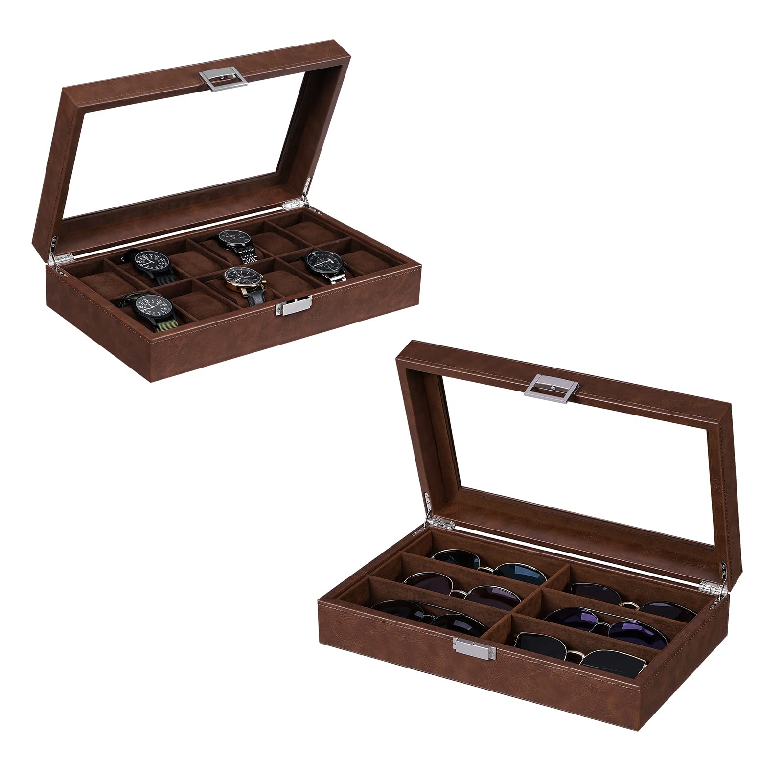 BEWISHOME 12 Slot Watch Box Organizer & 6 Slot Eyeglass Case - Premium Leather Watch Storage for Men with Sunglass Holder - Perfect for Travel, Home Display, and Gift Giving